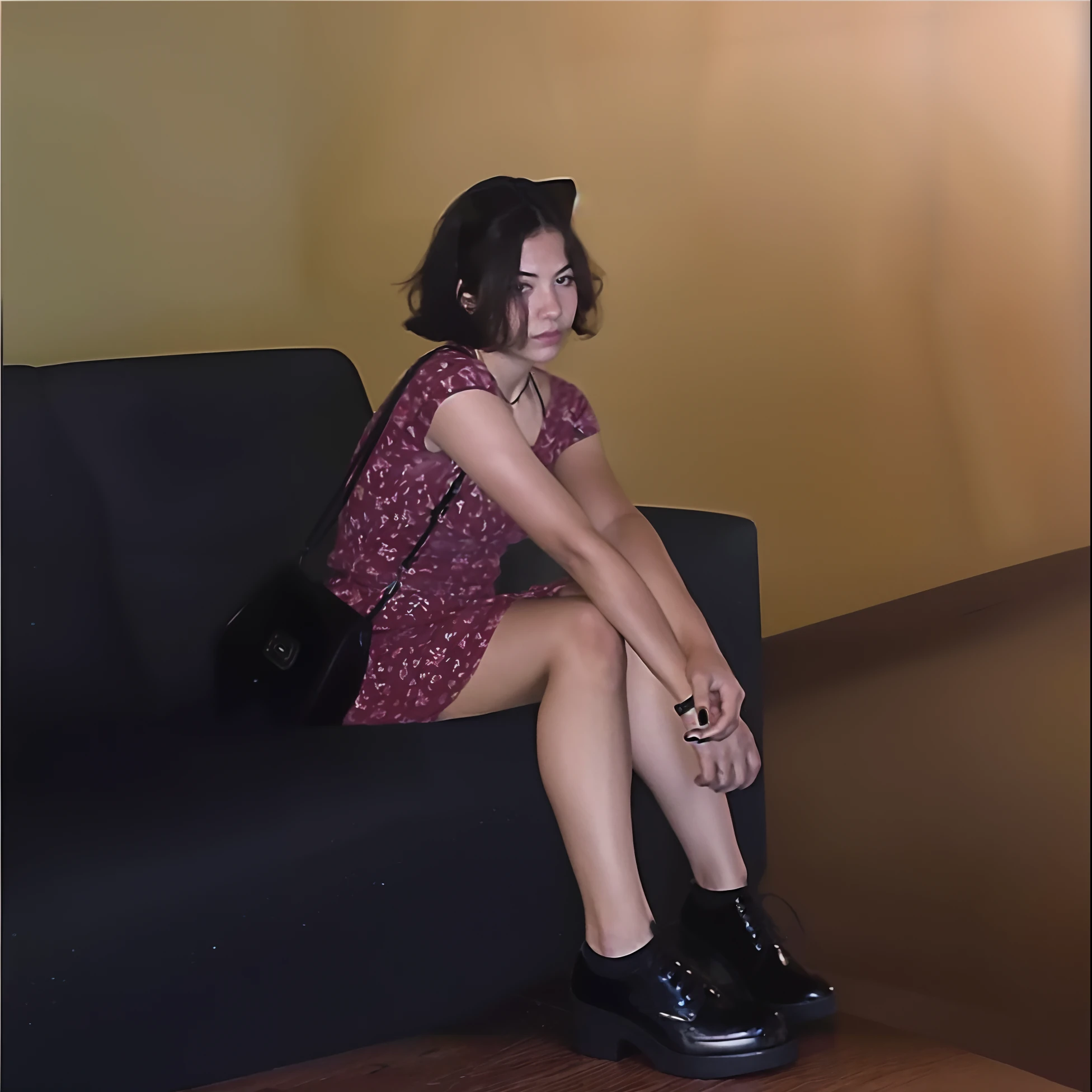 Araffe sitting on a couch with a bag and a purse, em um vestido, sitting on couch, sitting on a couch, sitting on the couch, inspirado por Nan Goldin, seated in a couch, on a couch, imagem interna, sitting on couch, Tomado com uma Pentax K1000, sentado em um lounge, usando um vestido