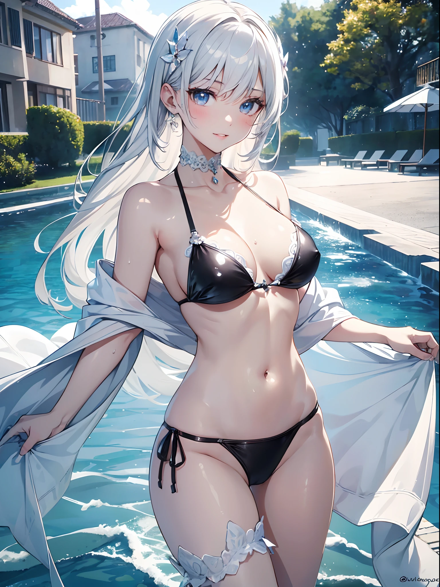 absurderes,(​masterpiece、top-quality、8K ),intricate detailes,ultra-detailliert、(Raw photo,photographrealistic:1.3),1 girl,( cute beautiful girl:1.2),bikini of、swimming pools、Smile、detailed and beautiful eyes、(Glossy Lip、Crystal clear skin、White and beautiful skin:1.2),long lashes、Eye Highlights,Hyper realistic,Perfect Anatomy,Attractive