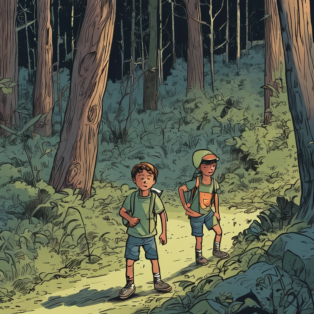 Two boys passing in a forest at moon night, A boy is wearing a T-shirt and green shorts, The other boy is in a blue T-shirt and shorts, A boy carries a lamp, and another boy carrying a hoe and a shovel, The environment is very scary