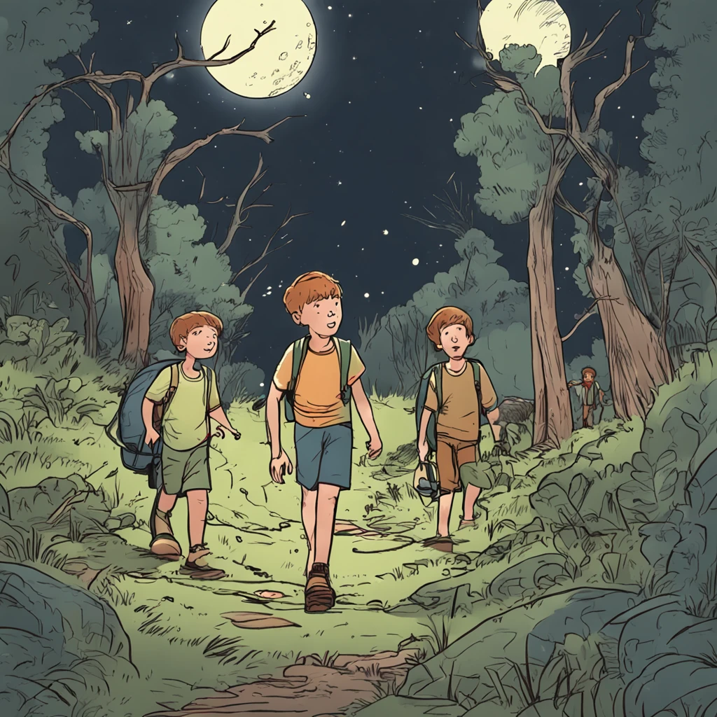 Two boys passing in a forest at moon night, A boy is wearing a T-shirt and green shorts, The other boy is in a blue T-shirt and shorts, A boy carries a lamp, and another boy carrying a hoe and a shovel, The environment is very scary