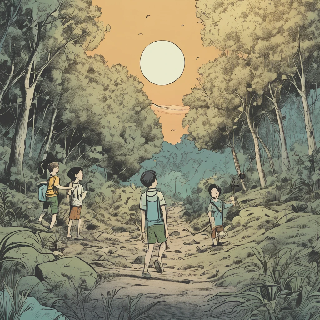 Two boys passing in a forest at moon night, A boy is wearing a T-shirt and green shorts, The other boy is in a blue T-shirt and shorts, A boy carries a lamp, and another boy carrying a hoe and a shovel, The environment is very scary