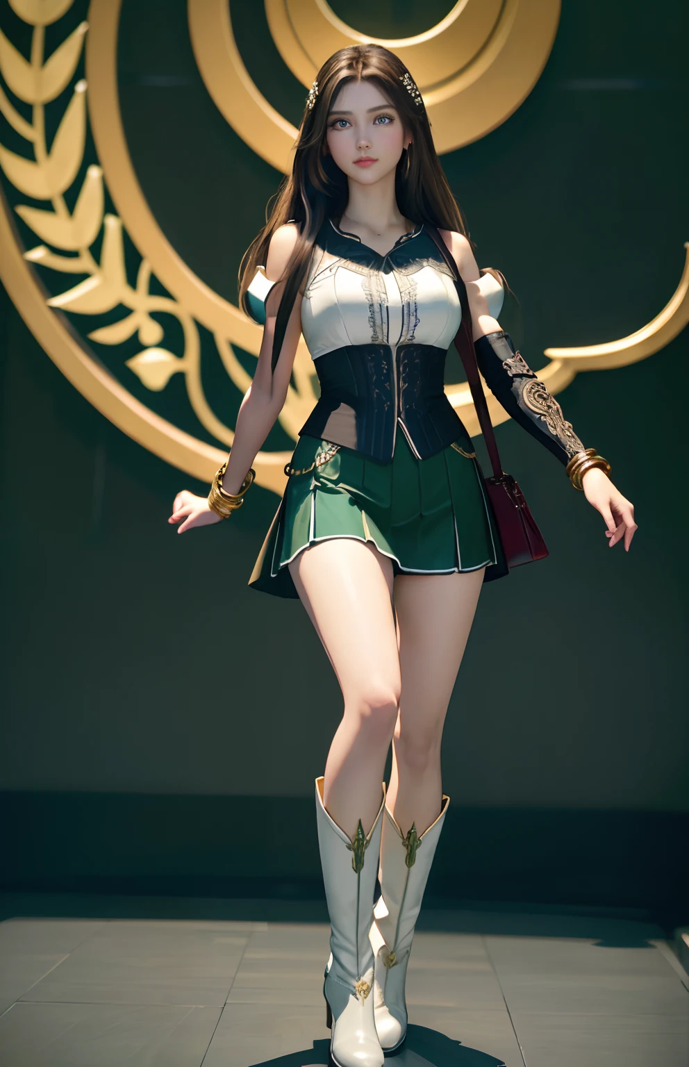 ((Realistic:1.5)), ((Best quality)), ((Masterpiece)),((Detailed)),1girls,{beautiful women}, (full body:1.3), super wide shot,Face focus, Long legs,Curvy, white long boot until below of knees,Wide hips, Thin legs, Oversized eyes,Long eyelashes, (Detailed face,beautiful eyes, detail pupils, detailed clothes features, Clear background:1.3), (armlets, bangle:1.3), Rising sword, floresta exuberante, forest, bright detail,Sharp,Perfect compounding, Intricate, Sharp focus, Dramatic