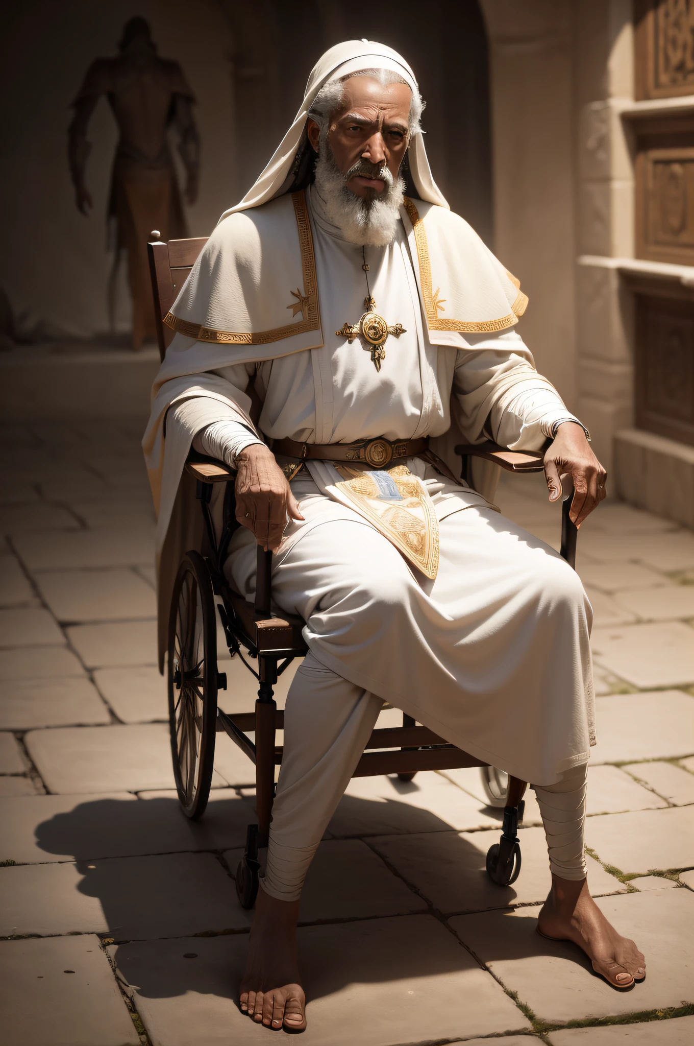 / Uma retrato do personagen biblico Mefibosete, he is crippled of the feet, viv eu na terra a cerca de 1500 anos, seus trajes representam os tempos biblicos, ca belos grisalhos e aparenta ter uns 40 anos de idade /