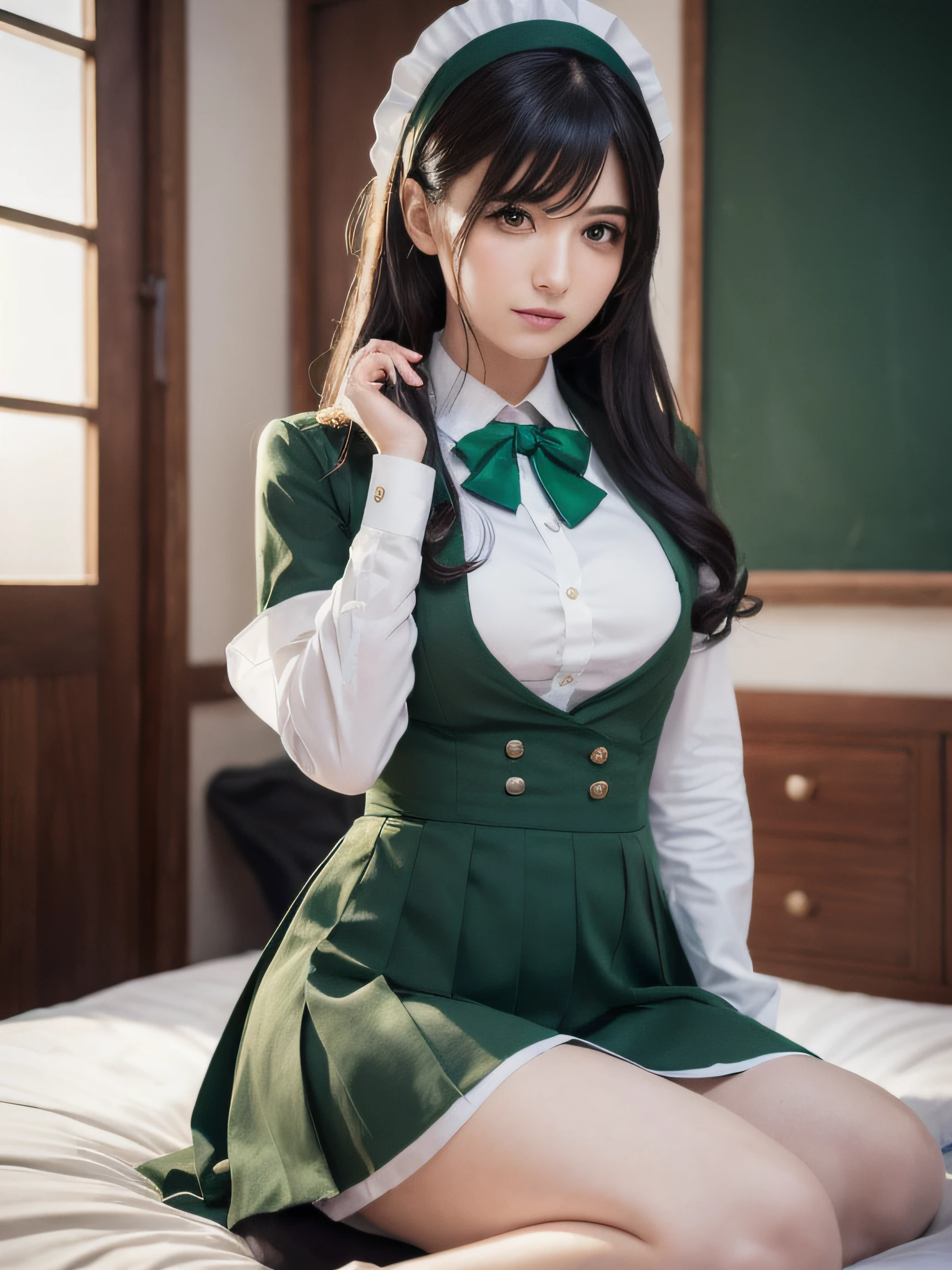 Photorealistic, high resolution, 1womanl, Solo, sit on chair, turn back, show her butt, view the viewer, (Detailed face), Hogwarts uniform, hogsks, Slytherin,blackstockings, green thong,