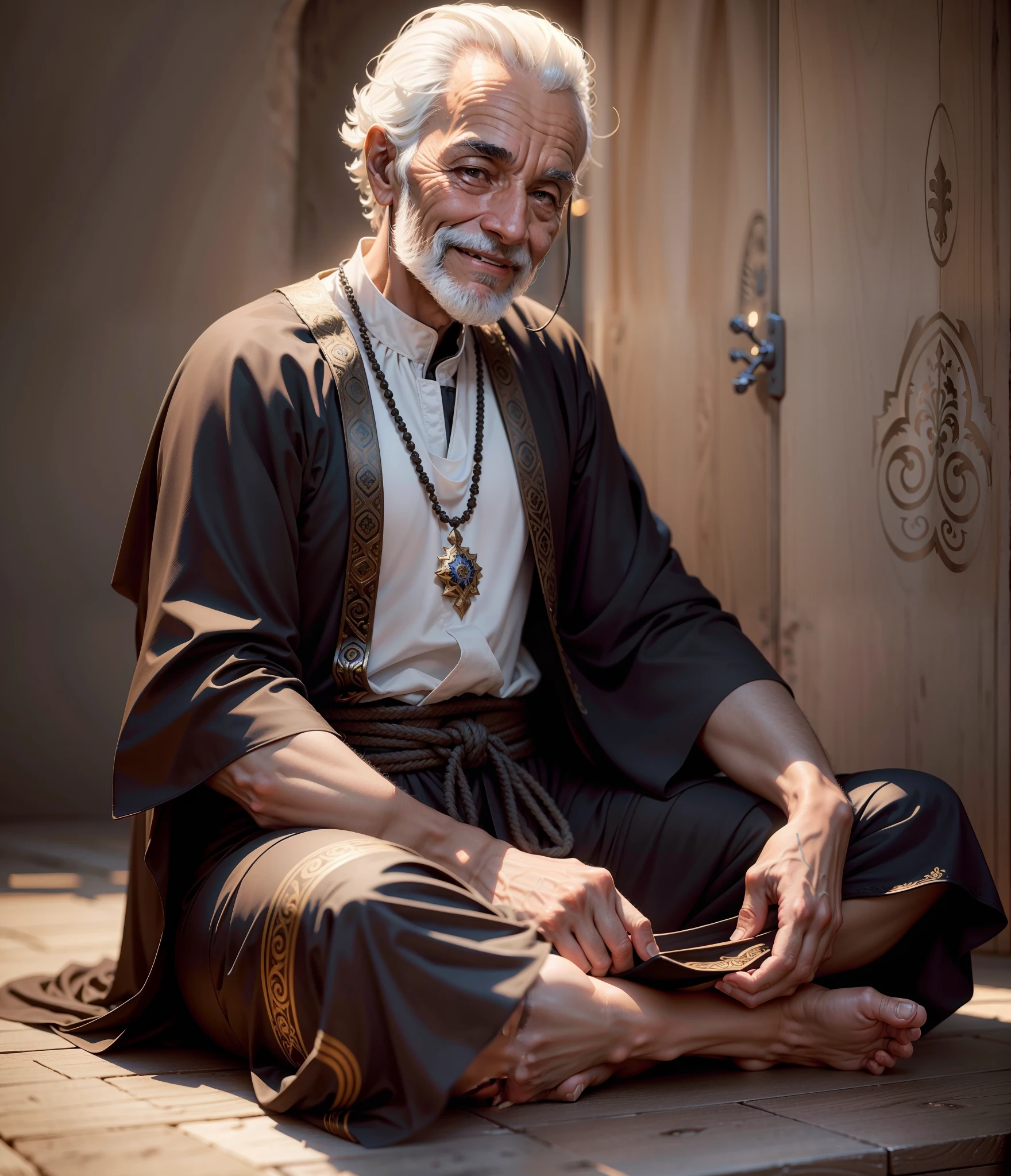 velho monge meditando, sorrindo, de olhos abertos, 4k.