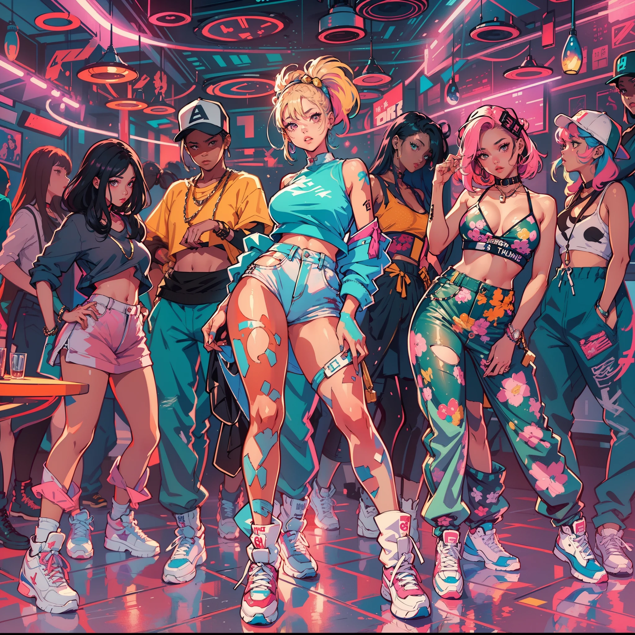 One Girl In A Club、(Super Detail)、(8K)、((Hip Hop Fashion))、(full body Esbian)、(Fashion of the 90s)、(Brilliant limbs)、(Delicately drawn figures)、(Women's Fashion)、(Colorful and pop design)、Female facial expressions、(the pose)、(Spirit of the times)