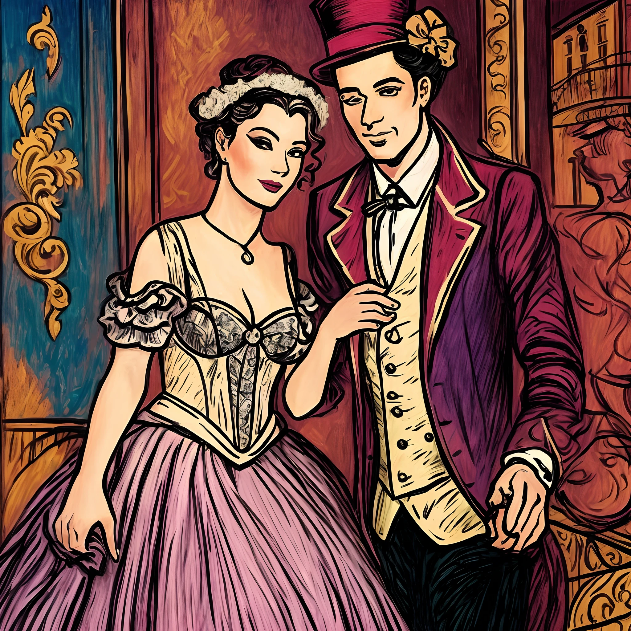 A man and woman from the Moulin Rouge in the style of Lautrec, hyperrealistic, showing no hands --auto --s2