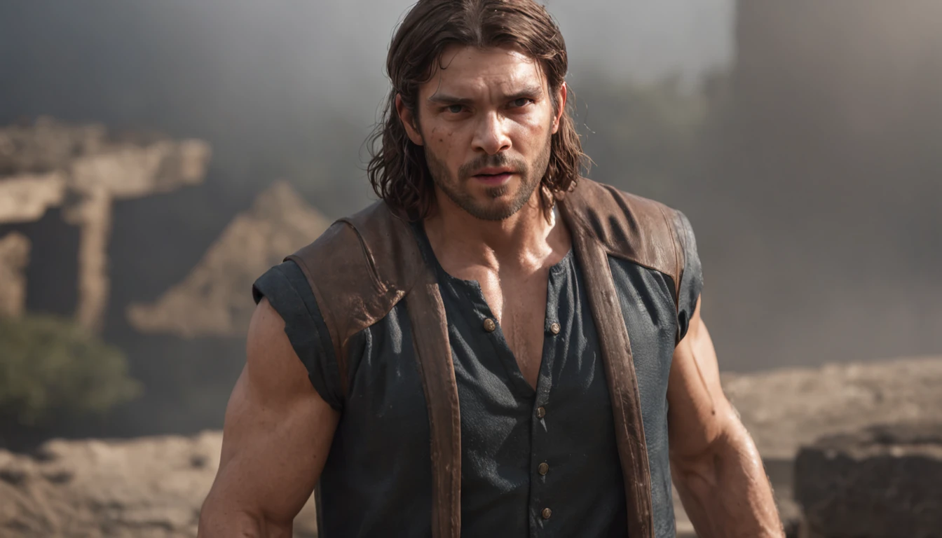 (Professional 3D rendering:1.3) de (Realistic:1.3) Foto de arte mais bonita do mundo,Features soft, bright male heroes, ((Epic hero fantasy rough muscular man wet hero angry look long hair short beard and fierce expression in dynamic pose, fantastic location, majestoso ambiente desordenado)), corpo inteiro 8k unidade render, action shot, poros da pele, very dark lighting, sombreamento pesado, circunstanciado, Rosto detalhado, (vibrante, fotogrdeia realista, Realistic, Dramatic, Escuro, foco nítido, 8k), (Old leather clothes damaged by bad weather:1.4), ((((Use peles)))), (intrincado:1.4), decadente, (altamente detalhado:1.4), pintura digital, rendering by octane, art stations, Conceito-Arte, liso, foco nítido, illustration, germe da arte, (Loish:0.23), Wlop Ilya Kuvshinov, e Greg Rutkowski e Alphonse Mucha Gracias, (global ilumination, studiolight, Light Volumetric), chuva forte, floating particles, patife, fantasia, Onze, corpo inteiroesbian, ((Fundo escuro e antigo da cidade:1.3)),CGSesociedade,art stations