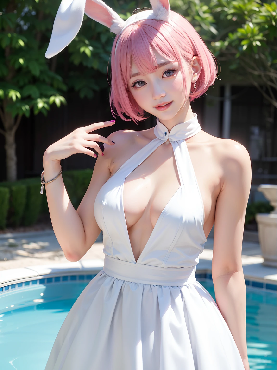 swimming pools、White Dress、Realistic rabbit ears、White shirt、rabbit ears pink hair sticking out of the head,,,,,,,,,、Taiwan Beauty、Beautiful shaped hands、K-POP、AKB48、Pink rabbit ears、1 girl in、独奏、masterpiece、top-quality、realisitic、Hyper-detailing、(Glossy skin:1.4)、Lustrous smile、Smiling eyes、Smiling lips、absurderes、Looking at the camera、short pink hair、red eyes、Red Eyes、Slender beauties、动态照明、hight resolution、foco nítido、depth of fields、Detailed eye、Sharp eyes、Realistic eyes、(thick thight:1.0)、Beautuful Women:1.4、Slender Abs:1.2、((Short-cut bob hair))、((k pop:1.3))、Highly detailed and skin texture、((魅惑的))、Anatomically correct number of fingers、beautiful pink nails、Correct anatomy、
