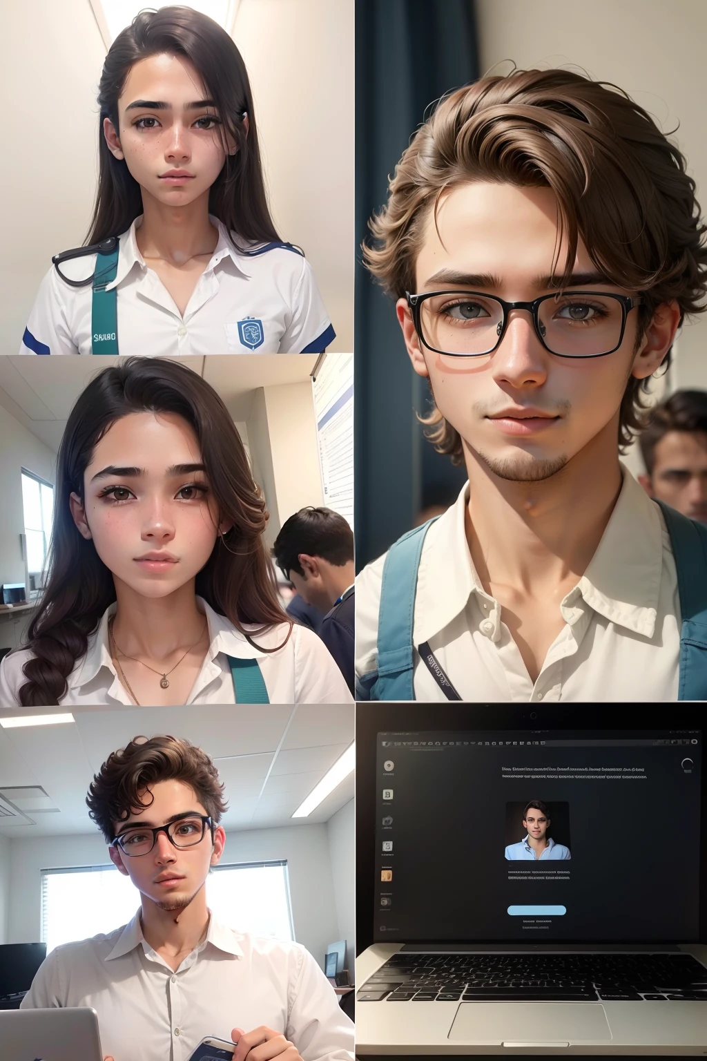 Crie uma imagem de um jovem e uma jovem, with image of various professions, somente imagem, sem texto e com notebook