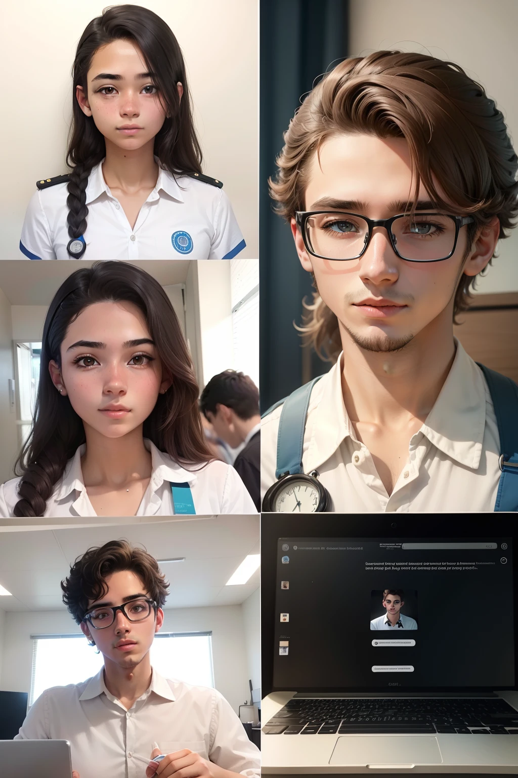 Crie uma imagem de um jovem e uma jovem, with image of various professions, somente imagem, sem texto, symbolizing the need for research and self-assessment when choosing a career.