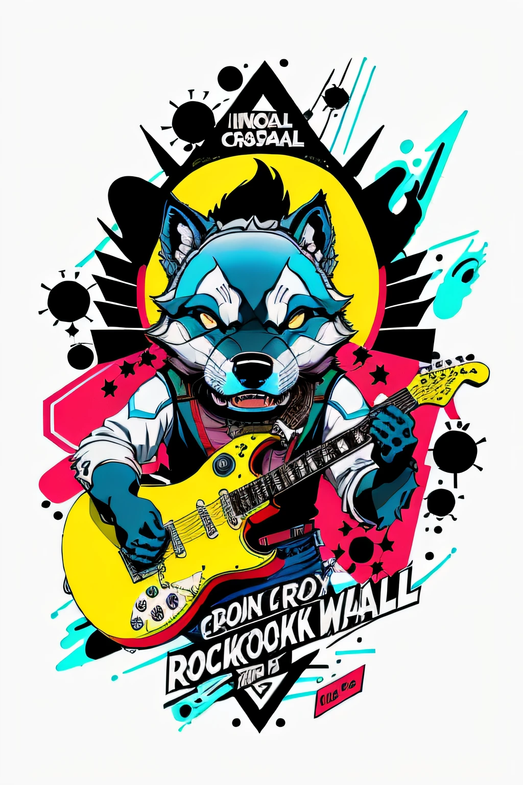 Create a rock'n'roll logo with a half-wolf man playing a guitar in the anime space for a digital channel with vibrants, High-resolution colors, com fundo de imagem escuro ::n_desenho de estilo, Low-quality imperfection, boneca, Jogo, anime, Texto, assinatura