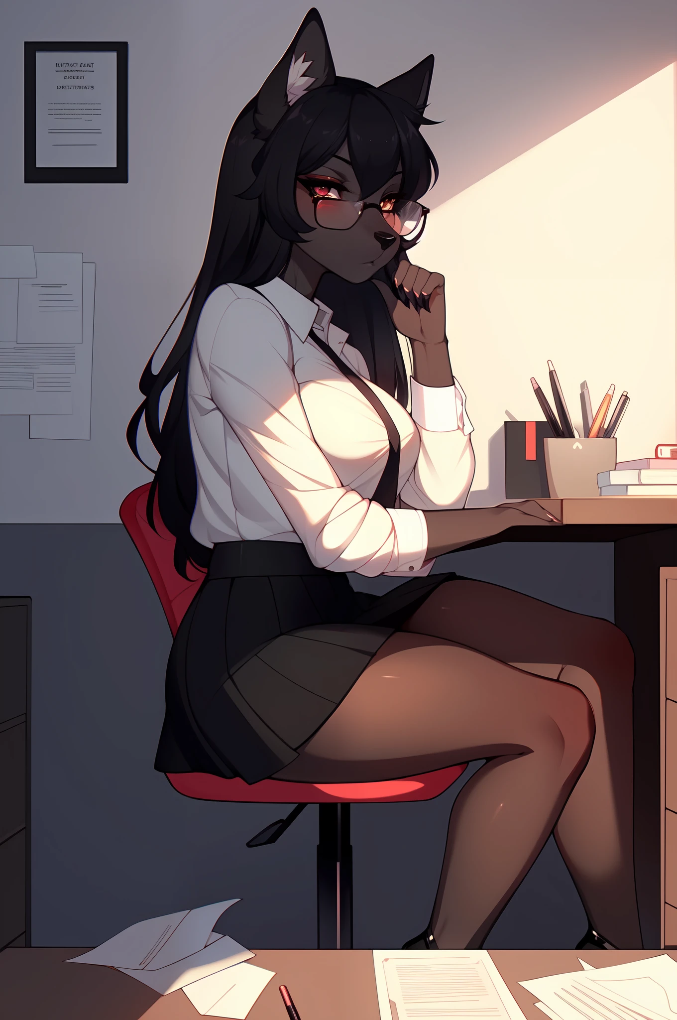 score_9,score_8_up,score_7_up, source_cartoon, kemono style, Natasha, an anthro furry wolf girl, long black hair, straight hair, red eyes, cute snout, black nose, all dark grey furry body, tall, medium breasts, wearing white shirt, black short skirt, indoors, sitting on an office chair, indoors, her legs are crossed, sultry expression, wearing heels, leaning on a desk