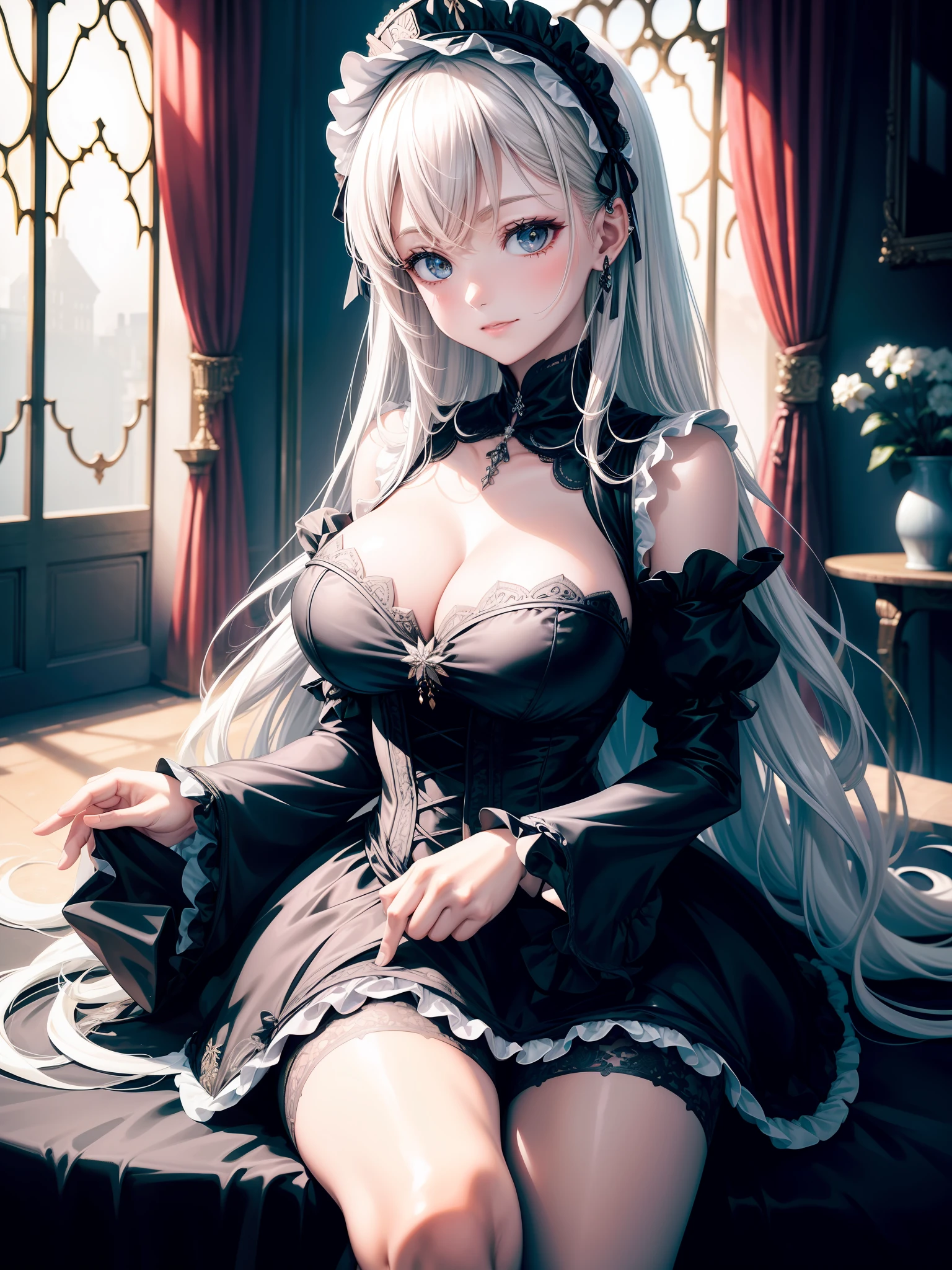 Hide hands with glossy black dress fabric with fine decoration,