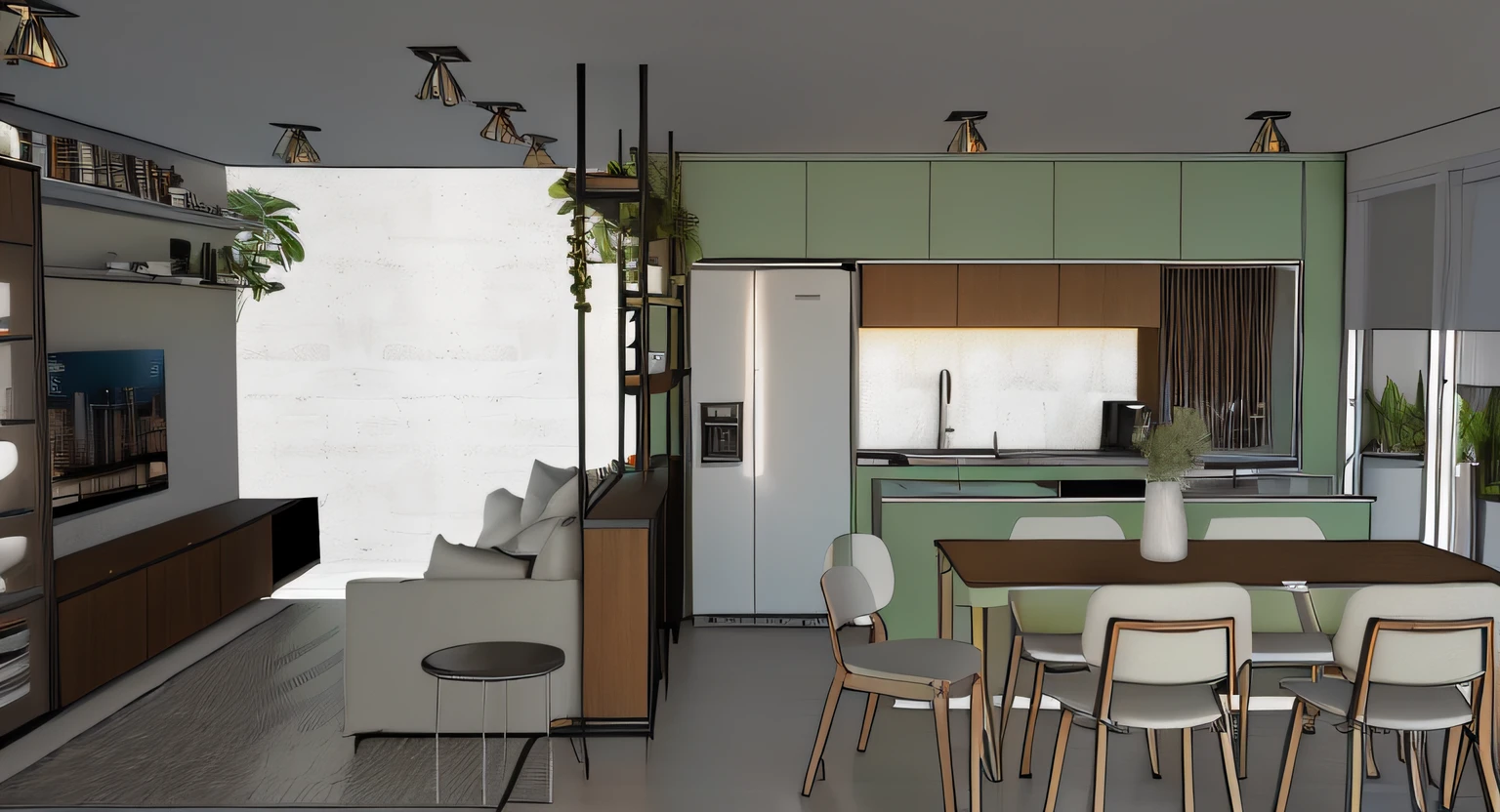 a rendering of a kitchen with a dining table and chairs, kitchenette and conference room, concept eclectic, 2 d render, design de apartamentos, enscape render, furniture concept photo!!, desenho conceitual, projeto residencial, renderizado no enscape, conceito realista, Detailed rendering, fully detailed render, em estilo de realismo simplificado, Casa Conceito, estilo de conceito, physics based rendering, real lighting, luz real