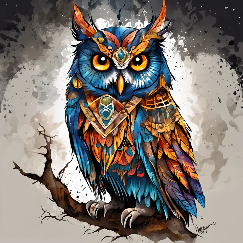 t-shirt design, tattoo, black background, art centered, 2D, vector, vivid color splashes, intricate details, Maori owl character in black oil decal with wet glitter look, full moon night, Midnight, Graveyard, Graves, Dry Trees, Rim Light, Edge Vignette, Greg Rutkowsk