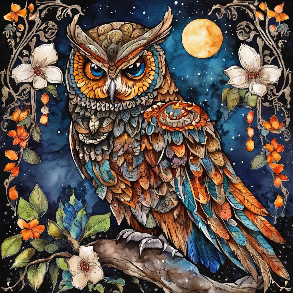 t-shirt design, tattoo, black background, art centered, 2D, vector, vivid color splashes, intricate details, Maori owl character in black oil decal with wet glitter look, full moon night, Midnight, Graveyard, Graves, Dry Trees, Rim Light, Edge Vignette, Greg Rutkowsk