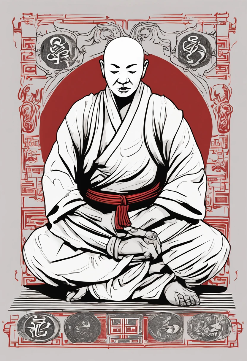 "Por favor, create an image of a Shaolin monk standing, vestindo tradicionais vestes de monge com tons de vermelho e dourado. The monk should be in a quiet meditation pose, with hands resting on crossed legs. No entanto, instead of a human head, the monk should have the distinctive Yin Yang symbol in black and white. The Yin Yang symbol should be placed in the place where the monk's head would normally be, e sua forma deve se fundir harmoniosamente com o corpo do monge. O ambiente ao redor do monge pode ser um templo antigo com lanternas de papel suspensas e plantas exuberantes. The soft lighting should enhance the serenity of the scene. The image should convey a sense of balance, tranquility and the union of the opposite."