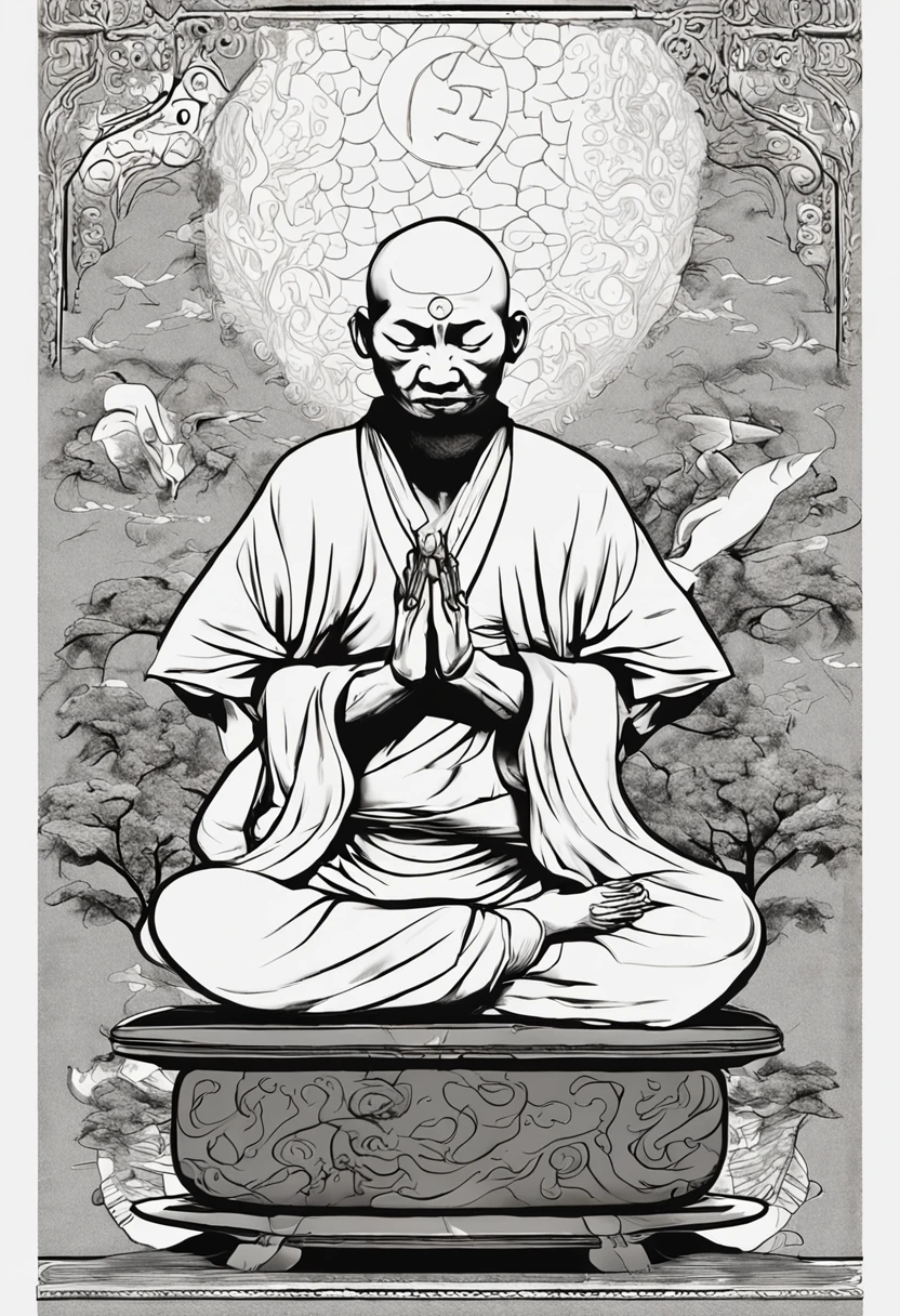 "Por favor, create an image of a Shaolin monk standing, vestindo tradicionais vestes de monge com tons de vermelho e dourado. The monk should be in a quiet meditation pose, with hands resting on crossed legs. No entanto, instead of a human head, the monk should have the distinctive Yin Yang symbol in black and white. The Yin Yang symbol should be placed in the place where the monk's head would normally be, e sua forma deve se fundir harmoniosamente com o corpo do monge. O ambiente ao redor do monge pode ser um templo antigo com lanternas de papel suspensas e plantas exuberantes. The soft lighting should enhance the serenity of the scene. The image should convey a sense of balance, tranquility and the union of the opposite."