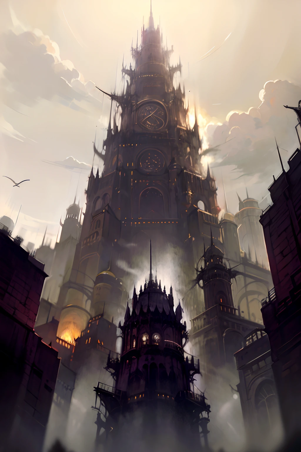 Uma grande torre vermelha de magos no centro de uma cidade medieval, estilo de arte gotica