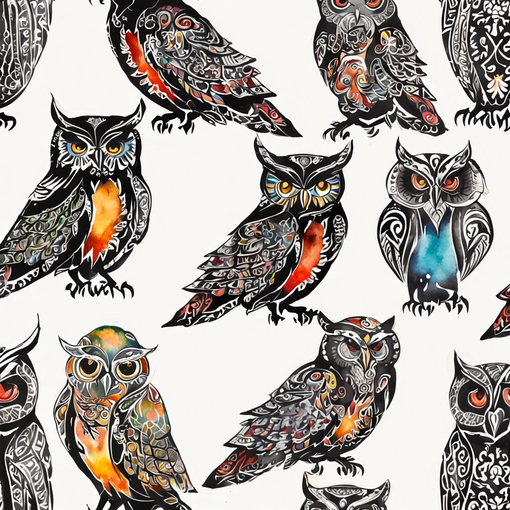 Tattoo design, tattoo, black background, art centered, 2D, vector, vivid color splashes, intricate details, Maori owl character in black oil decal with wet glitter look, full moon night, Midnight, Graveyard, Graves, Dry Trees, Rim Light, Edge Vignette, Greg Rutkowsk