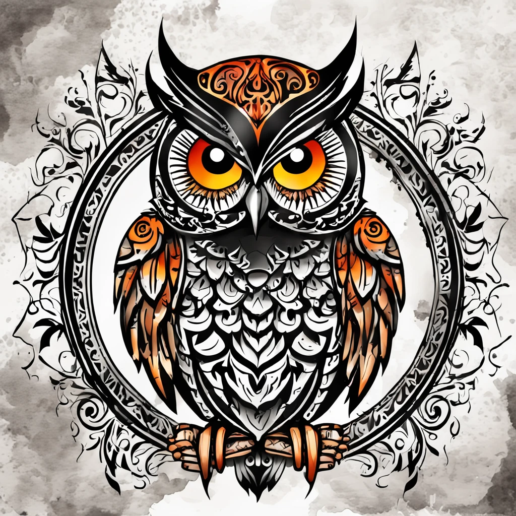 Tattoo design, tattoo, black background, art centered, 2D, vector, vivid color splashes, intricate details, Maori owl character in black oil decal with wet glitter look, full moon night, Midnight, Graveyard, Graves, Dry Trees, Rim Light, Edge Vignette, Greg Rutkowsk