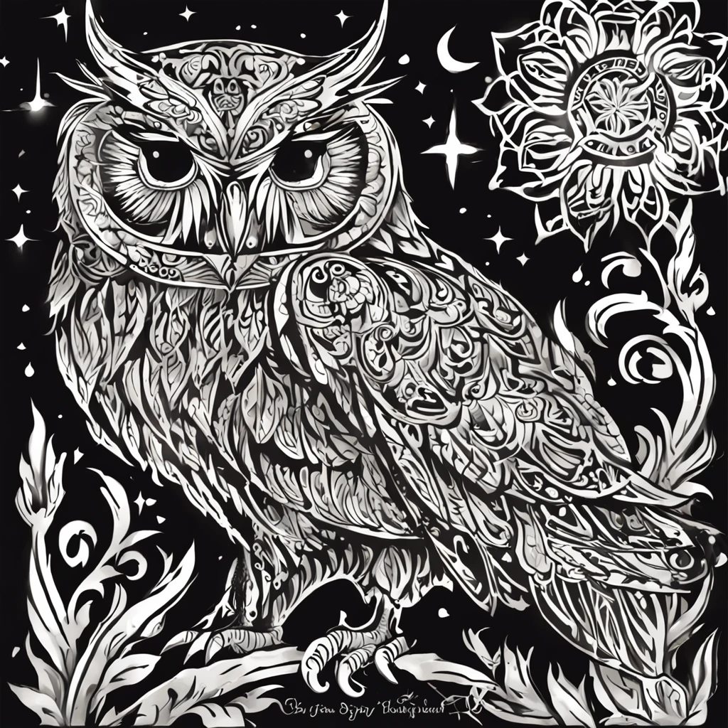 Tattoo design, tattoo, black background, art centered, 2D, vector, vivid color splashes, intricate details, Maori owl character in black oil decal with wet glitter look, full moon night, Midnight, Graveyard, Graves, Dry Trees, Rim Light, Edge Vignette, Greg Rutkowsk