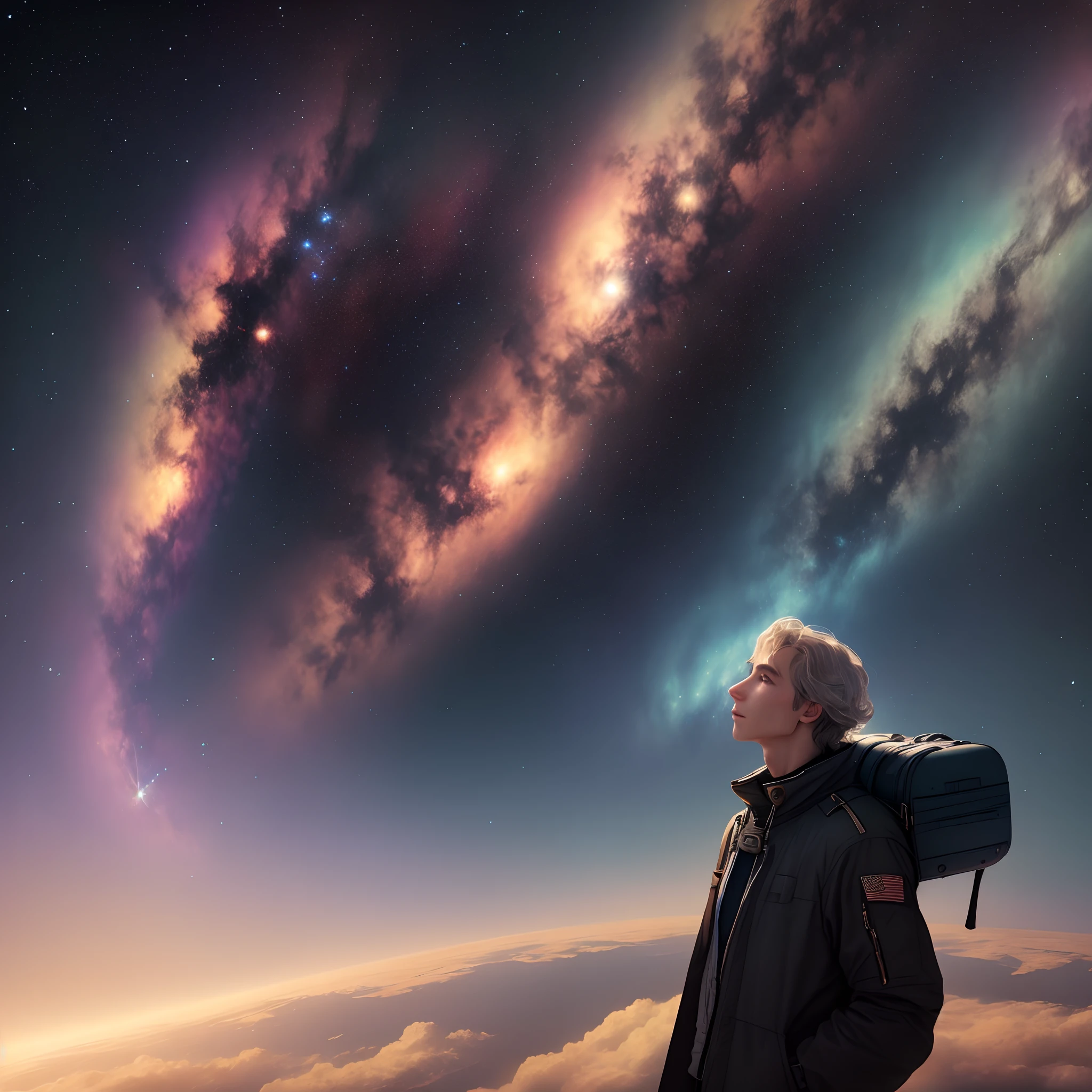 An ethereal man traveling in the cosmic space.