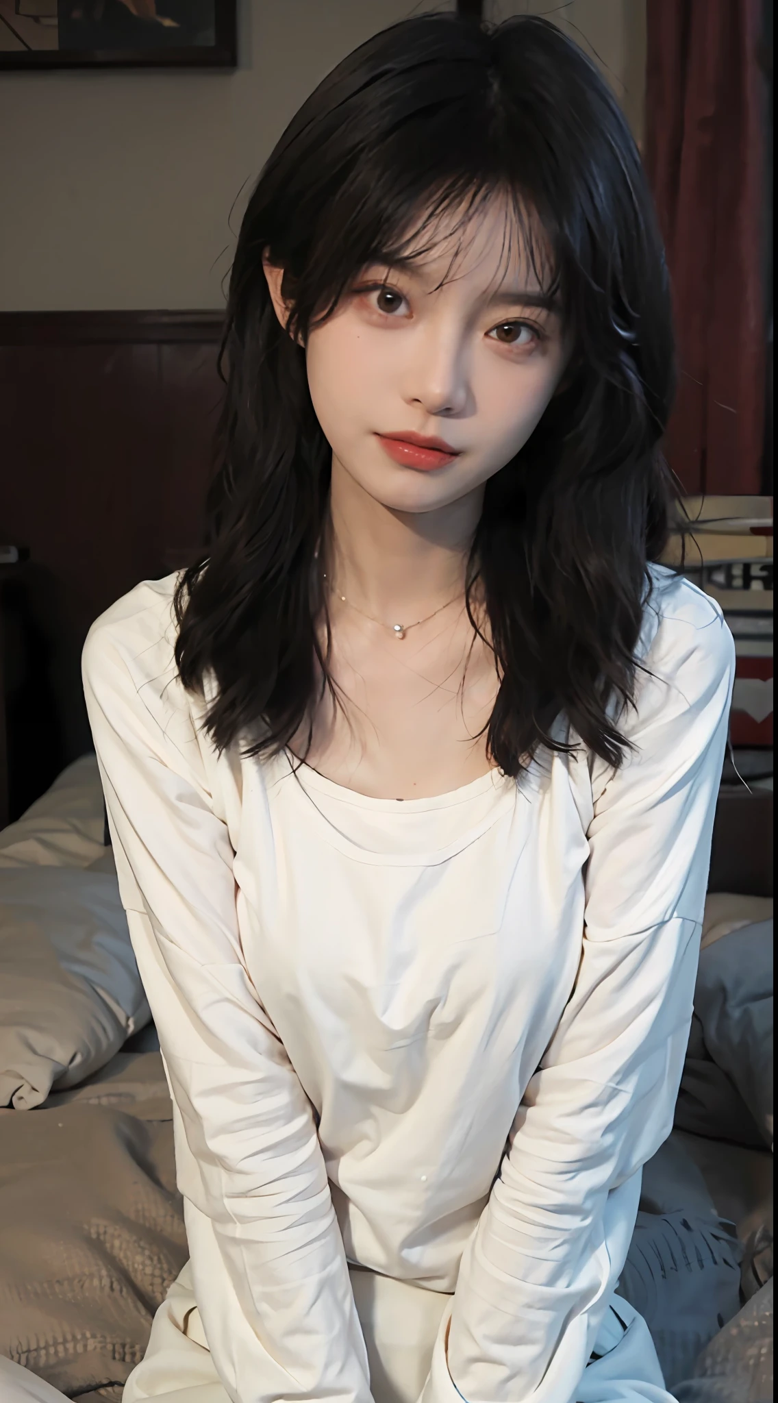 best qualtiy, 超高分辨率, (realisticlying:1.4),cute hairpin,1girll,Air bangs,with long coiled hair,Quartered sweater ,Blushlush,Beautiful woman with a slim figure:1.4, Pronounced abs,On the sandy beach,Ultra-fine face,Elaborate Eyes,二重まぶた,choker necklace