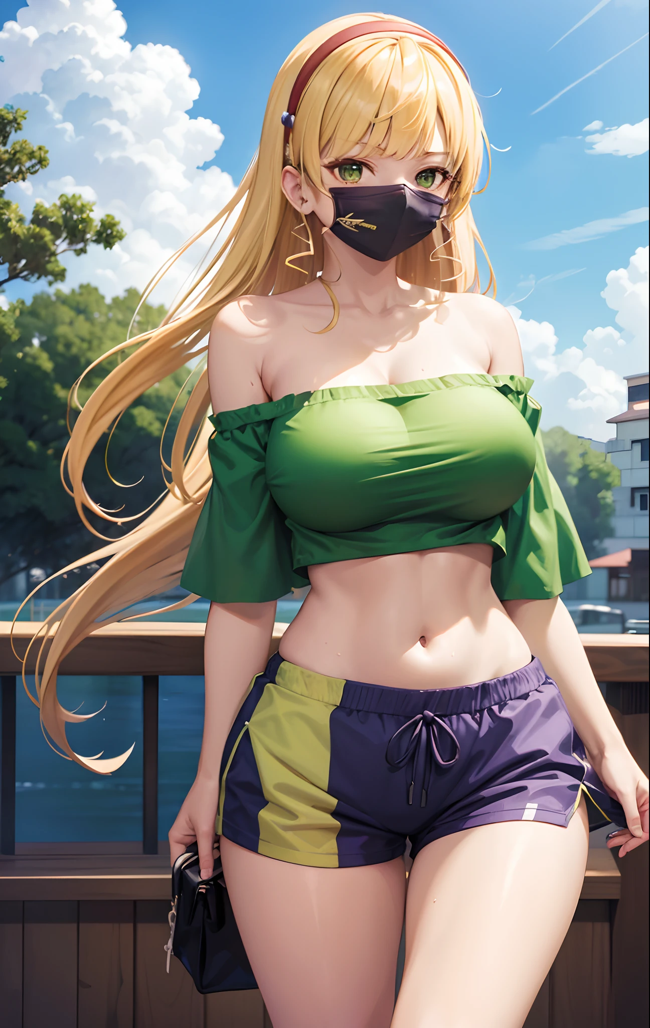 sumire1, hairband, long hair, green top, strapless,off shoulder, midriff, gym shorts,thicc ,(big breasts:1.2), standing, outdoors, hips,thighs, looking at viewer, sweating