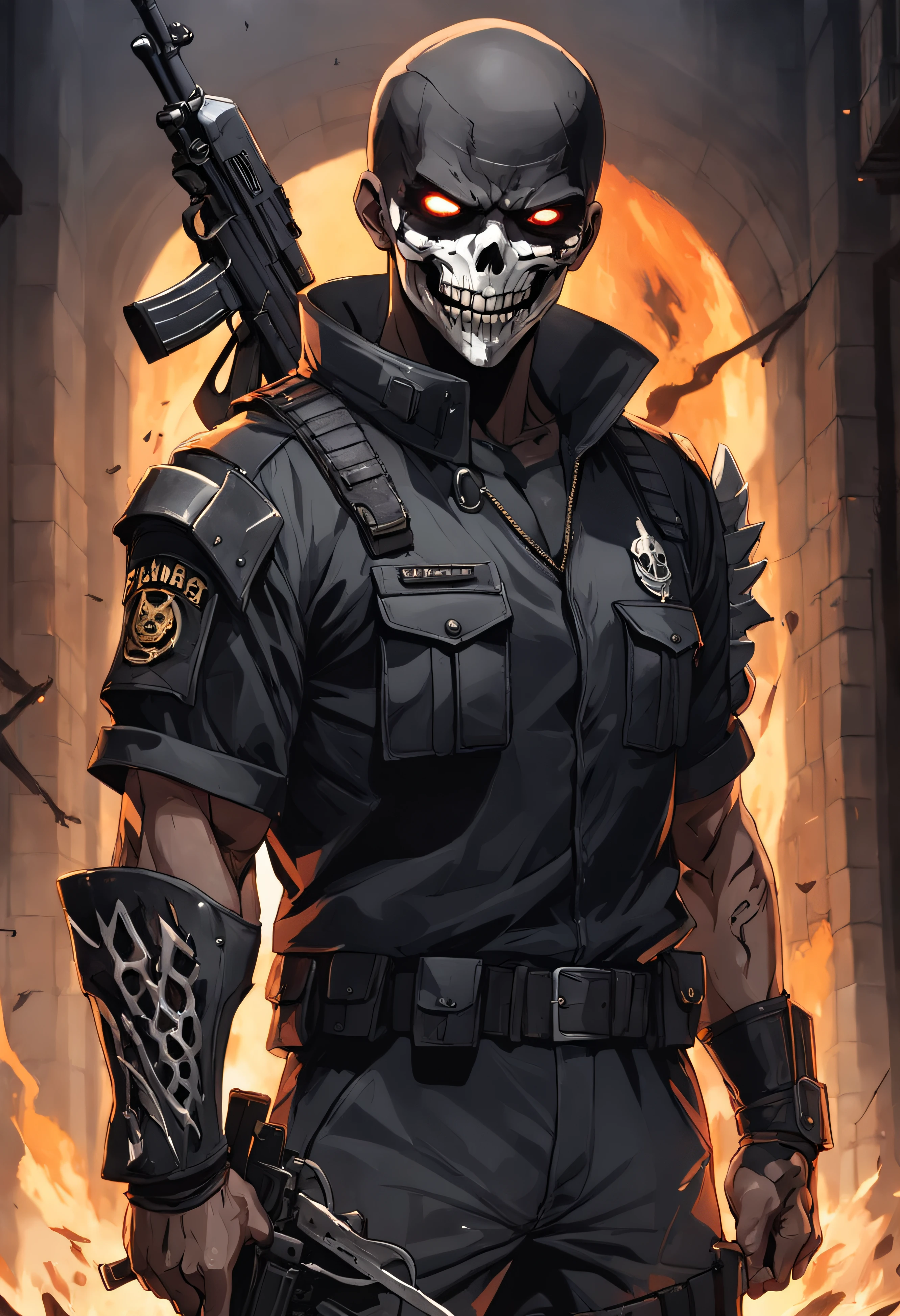 Um Policial com o rosto super detalhado de caveira sinistra, com os olhos super detalhados e sinistros, com um sorriso super detalhado e sinistro，With two daggers in his hands，Special Forces style, estilo assassino, Com um rifre de assalt fusil nas costas, facing a super detailed penitentiary and catching fire, sinister and burning penitentiary, Penitentiary door similar to Hell's Gate, Credo dos Assassinos. Make sure there is no noise and that the lines are thick and sharp like contour art, (((pose interagindo e se apoiando [em uma objeto|em algo no ambiente]))), foco em um quadro vertical da imagem."((full body):1.5). 16k, UHD, best possible quality, ((best possible detail):1), best possible resolution, Unreal Engine 5, professional photography, perfect_hands, (perfeito:1.2)