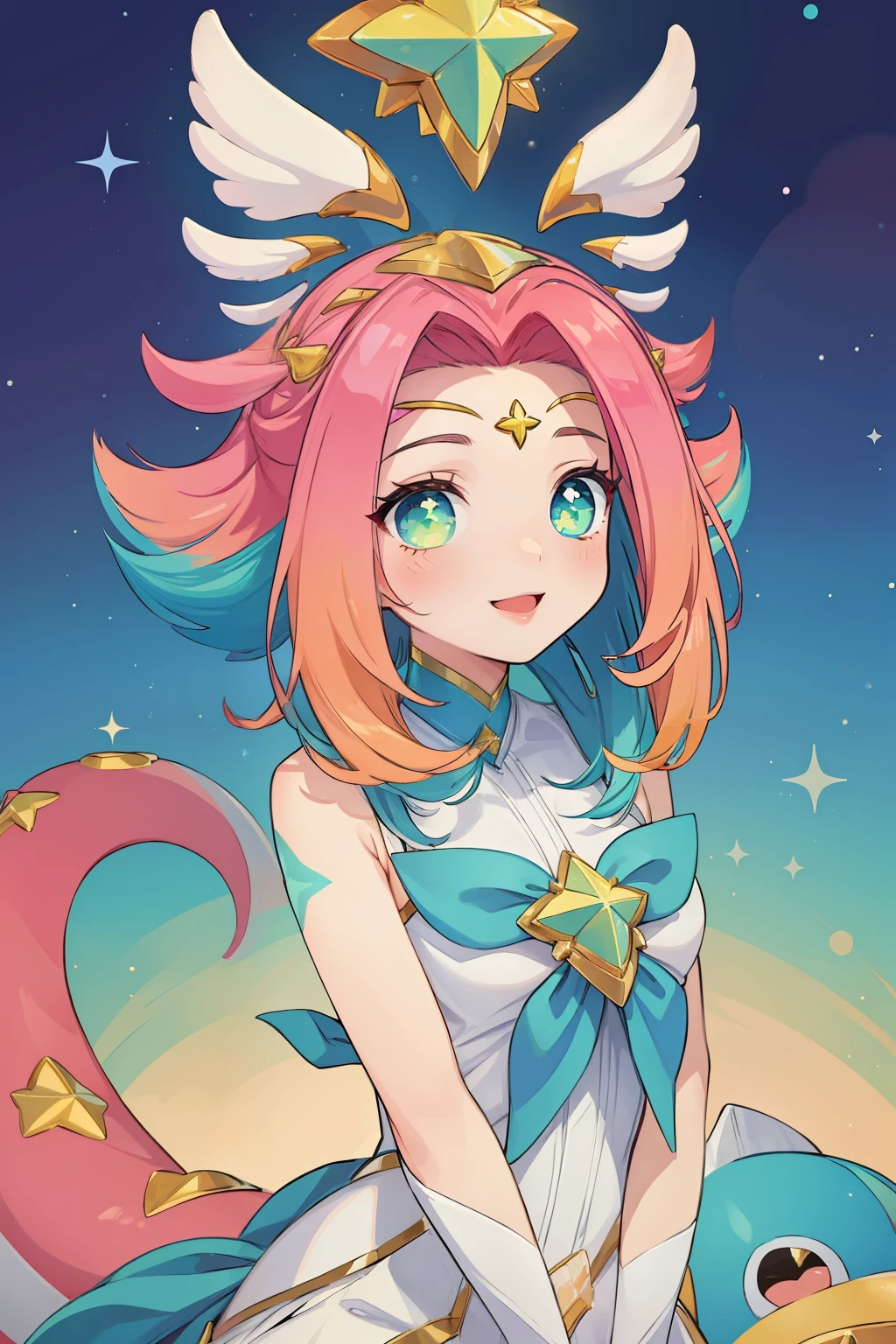 (Masterpiece:1.4), (best quality:1.2), star guardian neeko, 1girl, multicolored hair, dress, star guardian \(league of legends\), magical girl, tail, hair ornament, smile, upper body