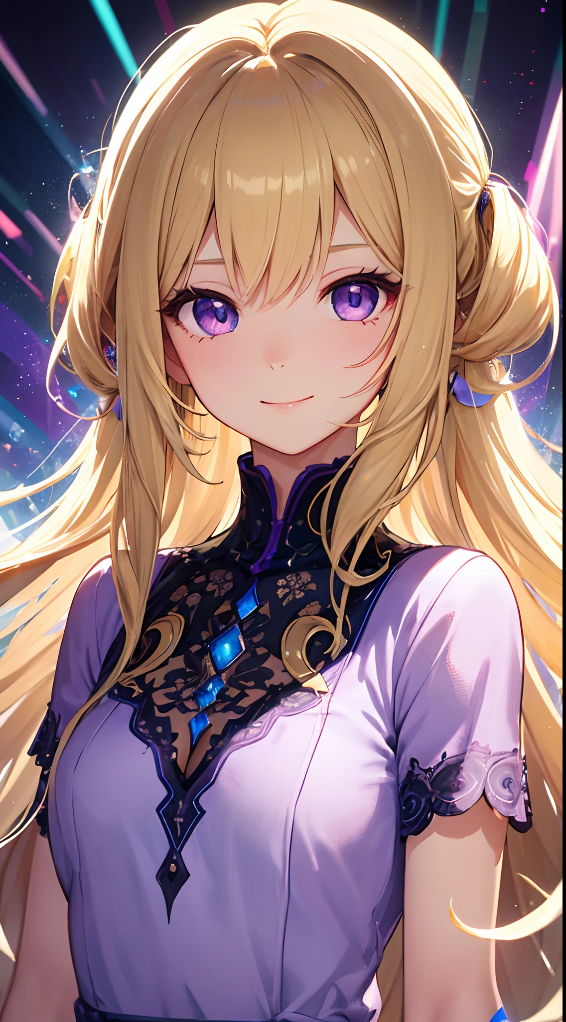 1girl, solo, long hair, single hair ring, blonde hair, purple eyes, cute face, expressive face, happy, beautiful detailed eyes, beautiful dress, light particle, light ray, colorful, high contrast, (masterpiece), wallpaper,