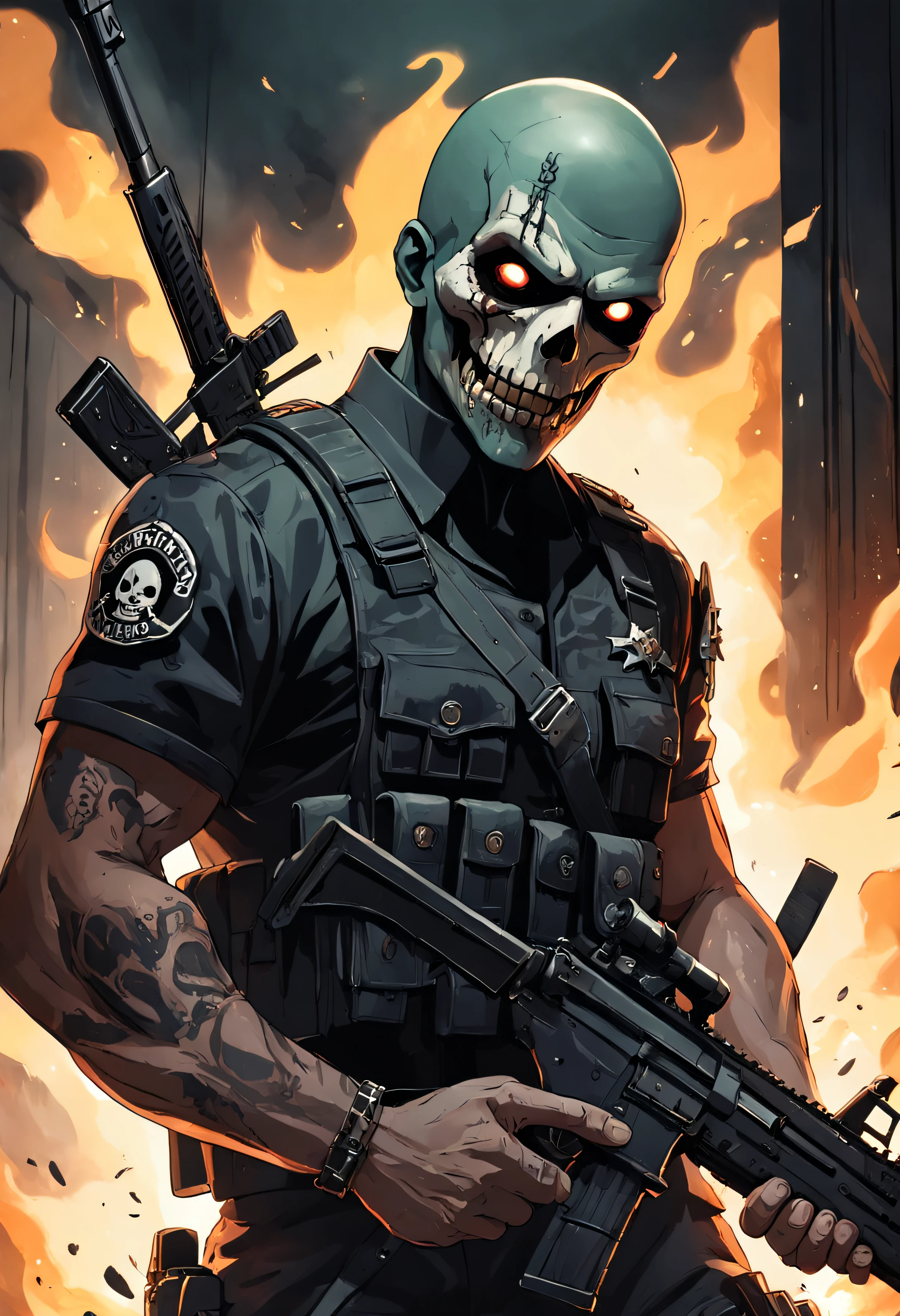 Um Policial com o rosto super detalhado de caveira sinistra, com os olhos super detalhados e sinistros, com um sorriso super detalhado e sinistro，With two daggers in his hands，Special Forces style, estilo assassino, Com um rifre de assalt fusil nas costas, Facing a super detailed penitentiary and catching fire, sinister and burning penitentiary, Penitentiary door similar to hell's gate, arte de splash do personagem，A arte do assassinato，Credo dos Assassinos. Make sure there is no noise and that the lines are thick and sharp like contour art, (((pose interagindo e se apoiando [em uma objeto|em algo no ambiente]))), foco em um quadro vertical da imagem."((corpo inteiro):1.5). 16k, UHD, best possible quality, ((best possible detail):1), best possible resolution, Motor Unreal 5, fotografia profissional, perfeito_Hands, (perfeito:1.2)