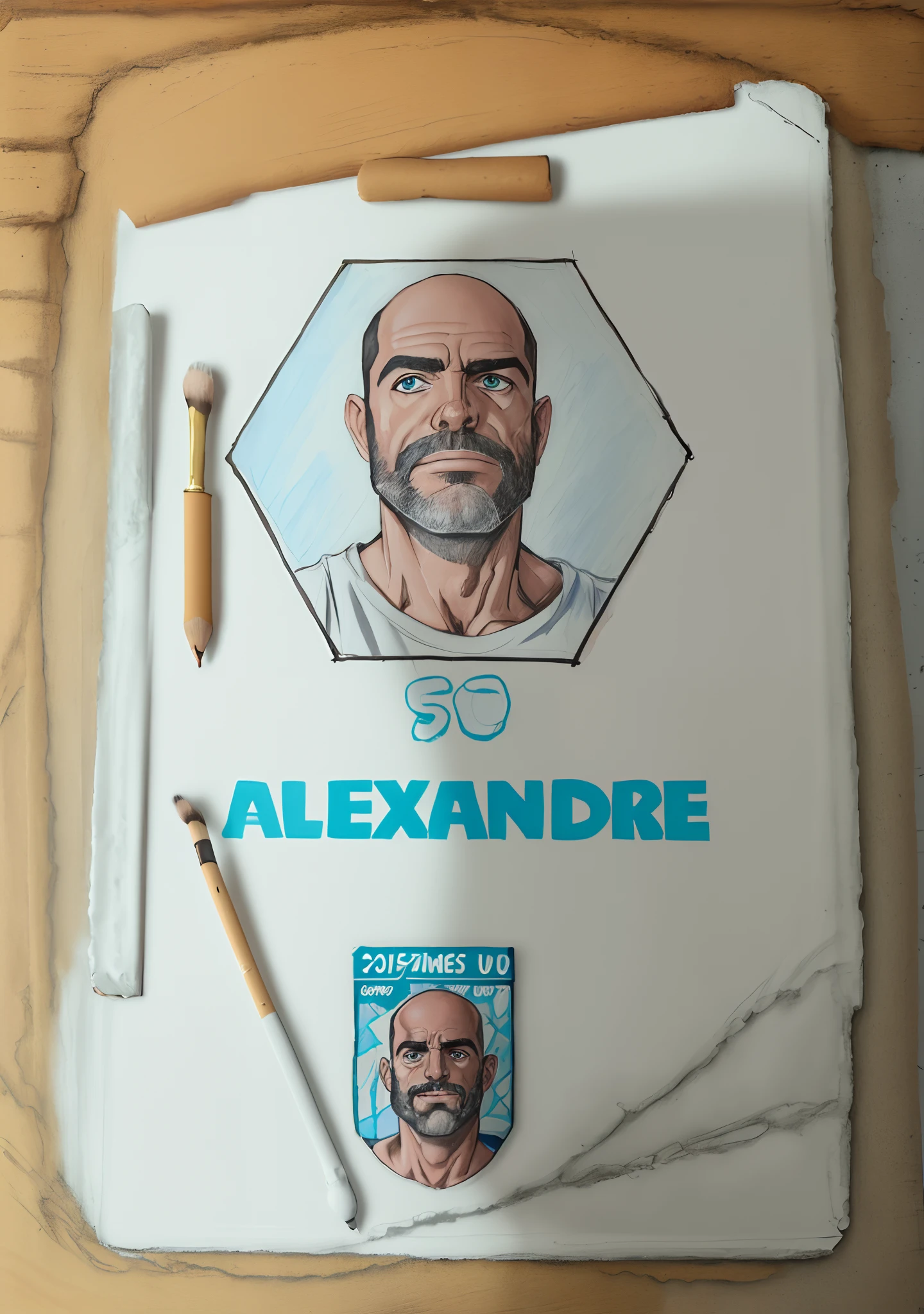 um anime close-up de um Distintivo com uma foto de um homem de 40 anos, careca, olhar serio, olhos castanhos, Manga drawing on a badge!!!!, Alexguerra3, Directed by: Alexandre Robertson, inspired by Aleksander Guinea, painting on a badge, Astor Alexande, Alejandro, Directed by: Alexandre Silva, Alexandre Chaudret, Distintivo, Directed by: Alexander Guinea