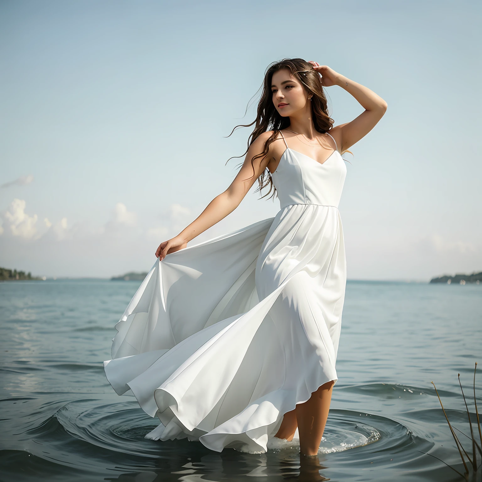 Araffe woman in white dress standing in water with flowing dress, wearing a white flowing dress, white flowing dress, she is floating in the air, flowing white robes, Flowing dress, lindo vestido branco longo longo, Wearing a flowing dress, flutuando no ar, vestido branco longo, Pose flutuante elegante, cabelo flutuando ao vento, Girl in white dress dancing