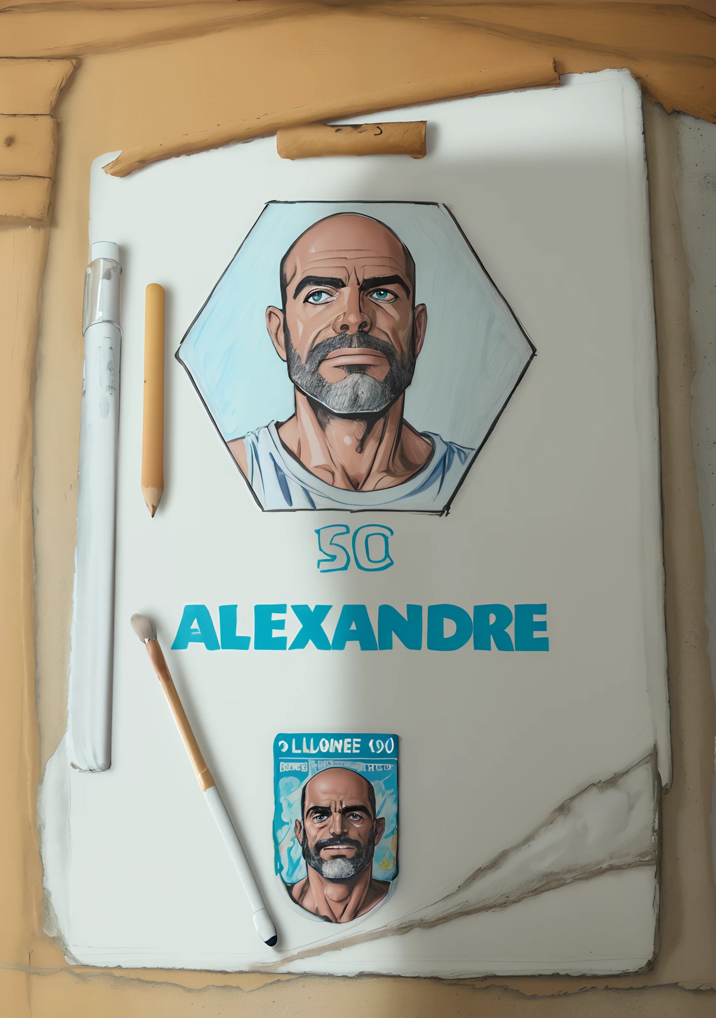 um anime close-up de um Distintivo com uma foto de um homem de 40 anos, careca, olhar serio, olhos castanhos, Manga drawing on a badge!!!!, Alexguerra3, Directed by: Alexandre Robertson, inspired by Aleksander Guinea, painting on a badge, Astor Alexande, Alejandro, Directed by: Alexandre Silva, Alexandre Chaudret, Distintivo, Directed by: Alexander Guinea