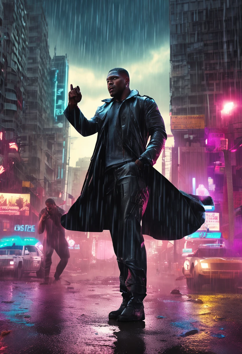 Ah, Black man guys fighting in the rain on top of a building in a cyberpunk city? Que jantar intenso! Imagino que a chuva esteja caindo forte, as luzes neon brilhando na cidade, and the guys fighting with all their might. Um deles poderia estar vestido com um casaco de couro preto, enquanto o outro usa um capuz futurista. It looks like a thrilling action scene!