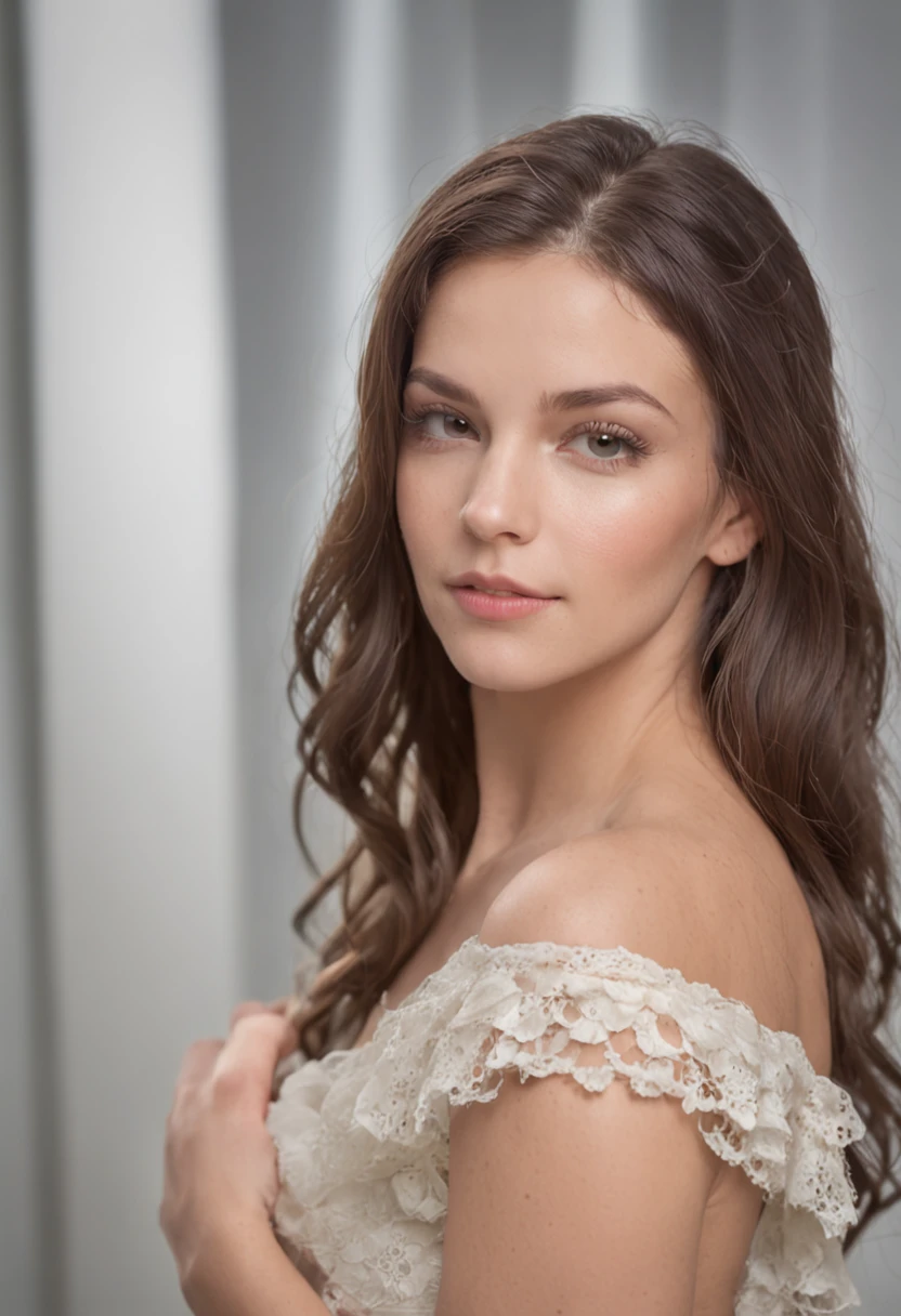 Produce an ultra-realistic Instagram model of a beautiful woman, long brown hair, blue eyes, soft skin, soft purple light in the background, standing on a modern apartment , The image has a high resolution of 4K, with soft, natural lighting that enhances the model's skin tones and the colors of their outfit, The render style is focused on realism and detailed textures, and the final result is a captivating portrayal of modern elegance.
