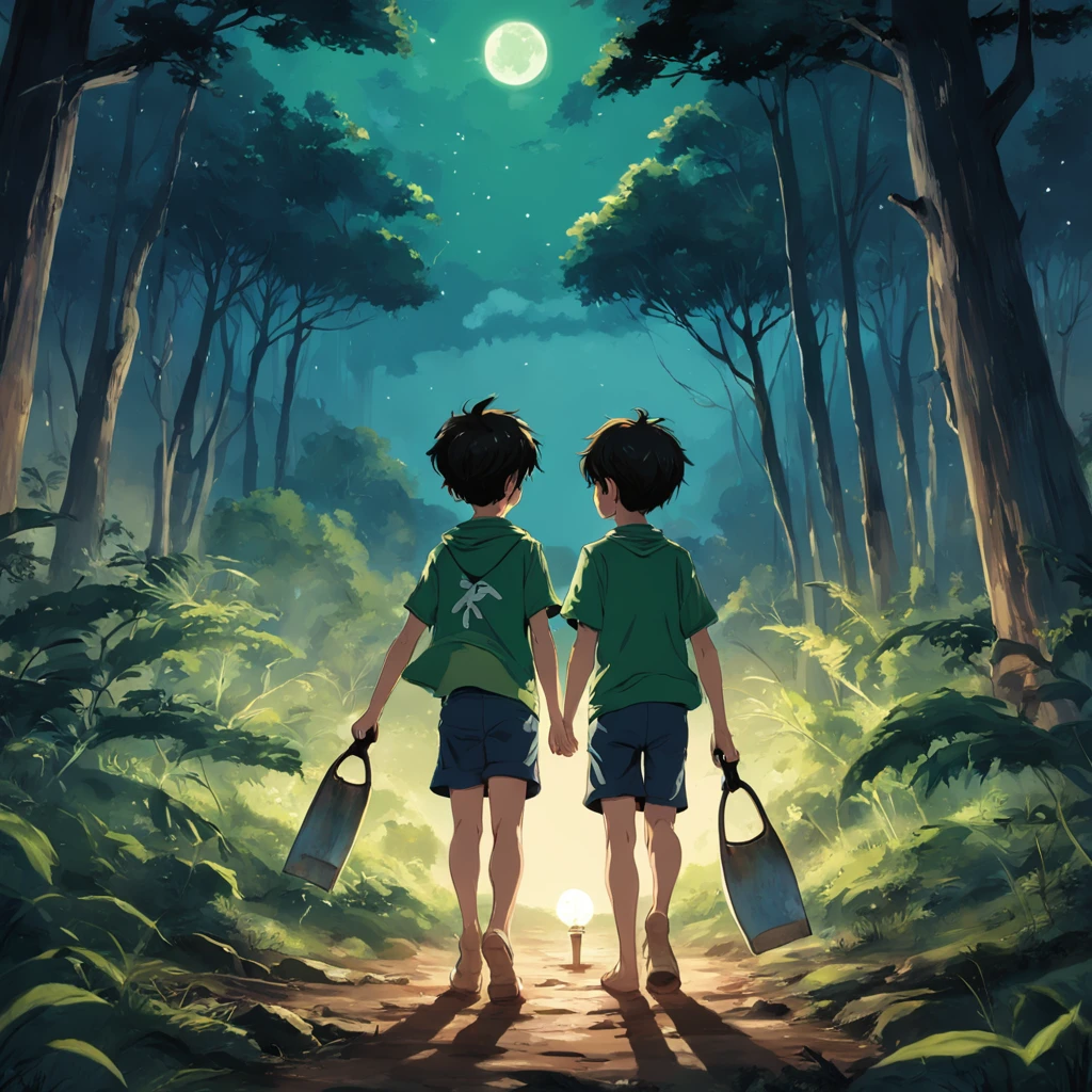 Somente dois meninos passando em uma floresta em  noite de lua, can only have one moon, A boy is wearing a T-shirt and green shorts, The other boy is in a blue T-shirt and shorts, A boy carries a lamp, and another boy carrying a hoe and a shovel, The environment is very scary