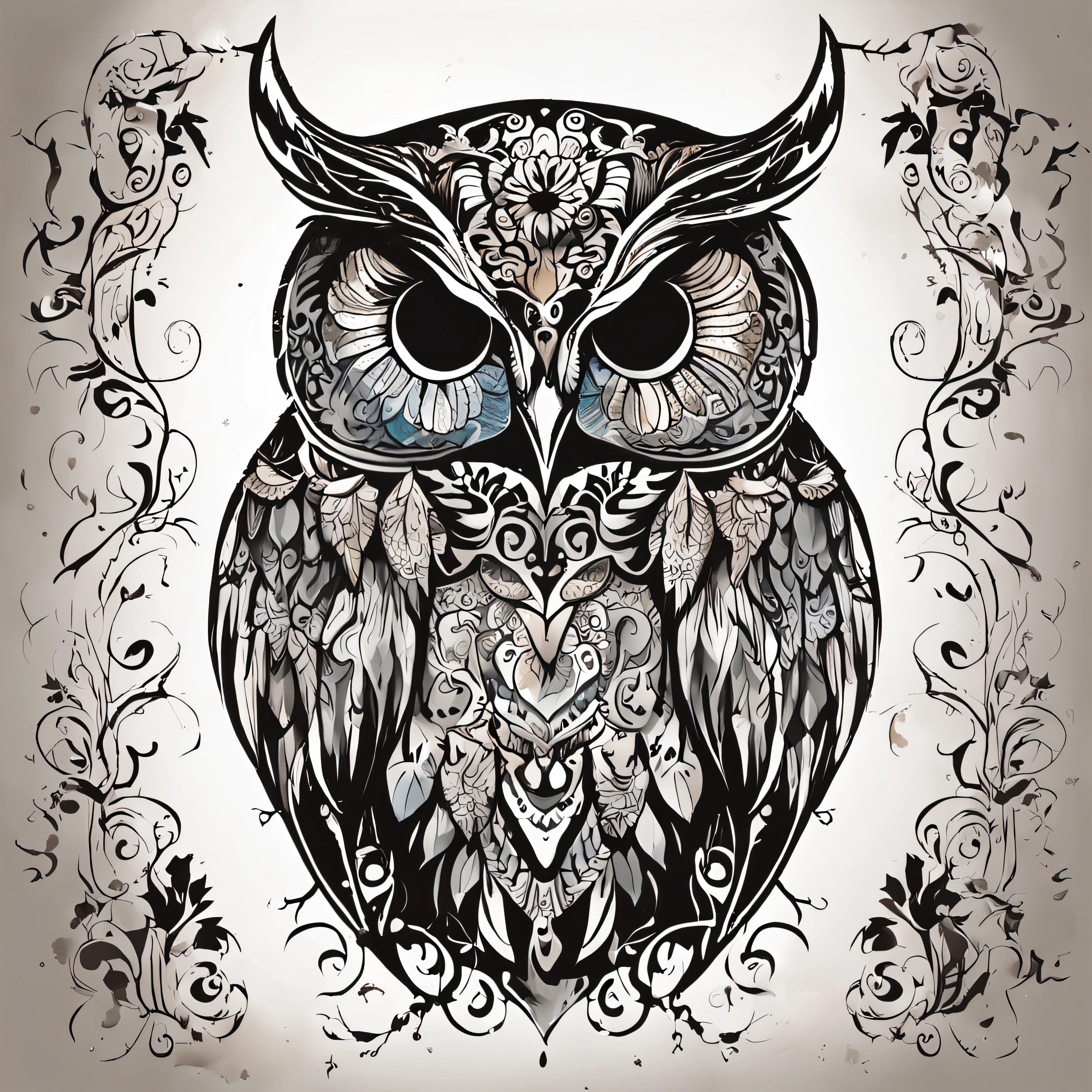 t-shirt design, tattoo, black background, art centered, 2D, vector, vivid color splashes, intricate details, Maori owl character in black oil decal with wet glitter look, full moon night, Midnight, Graveyard, Graves, Dry Trees, Rim Light, Edge Vignette, Greg Rutkowsk