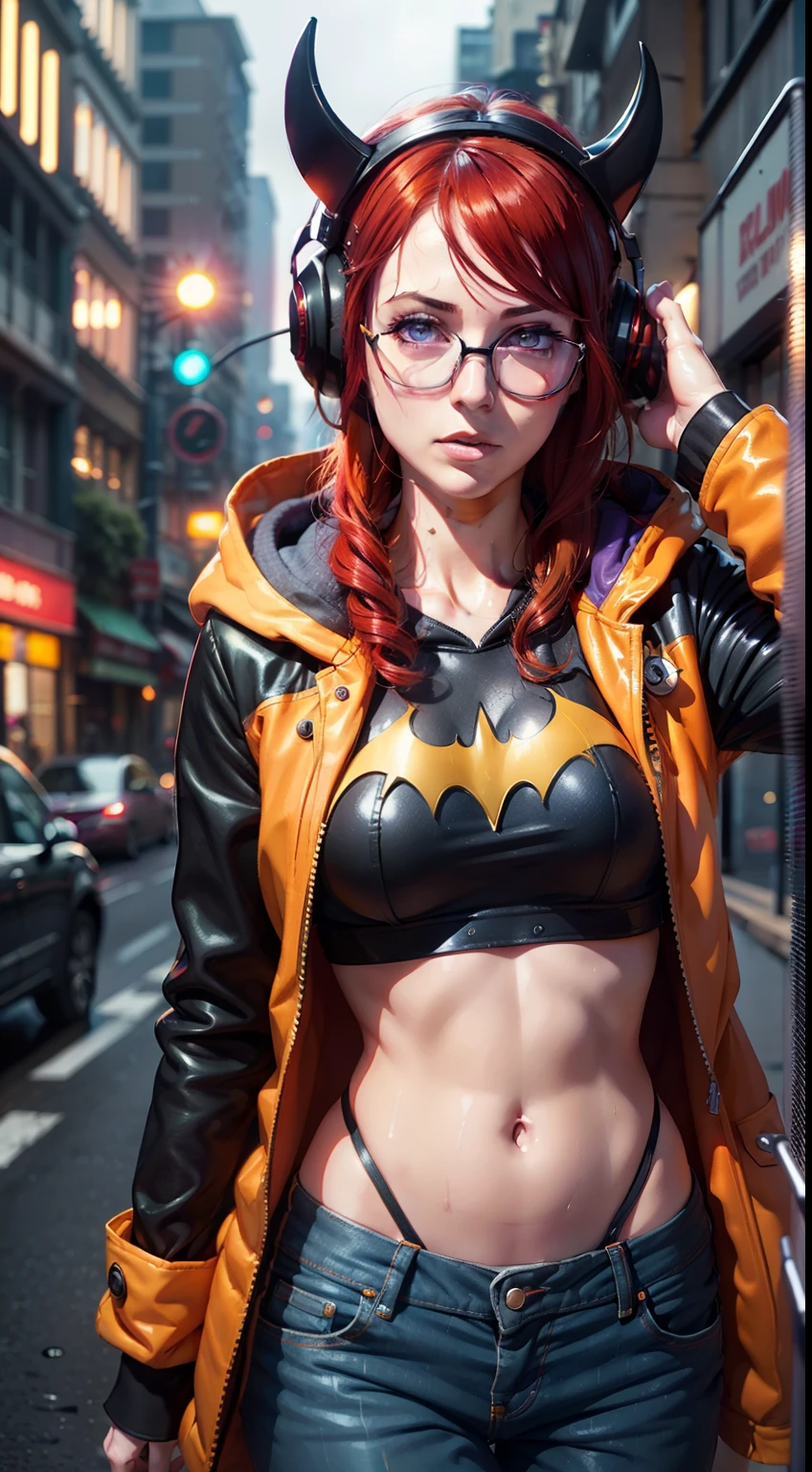 Batgirl, Persona 5, Futaba ,(masterpiece, best quality:1.1), ghibli style, red and blak colors, long_orange_hair, purple eyes, hair_bands, glasses, black and red headphone, coat and hoodie and fur, solo,free style
hunting alongside with a mini T rex jungle city in background, rainy wet weather, soaking wet skin, raindrops, thunderstorm, bright neon lights, pale skin, pulled down pants, high details, best quality, 8k, [ultra detailed], masterpiece, best quality, (extremely detailed), dynamic angle, ultra wide shot, RAW, photorealistic,
