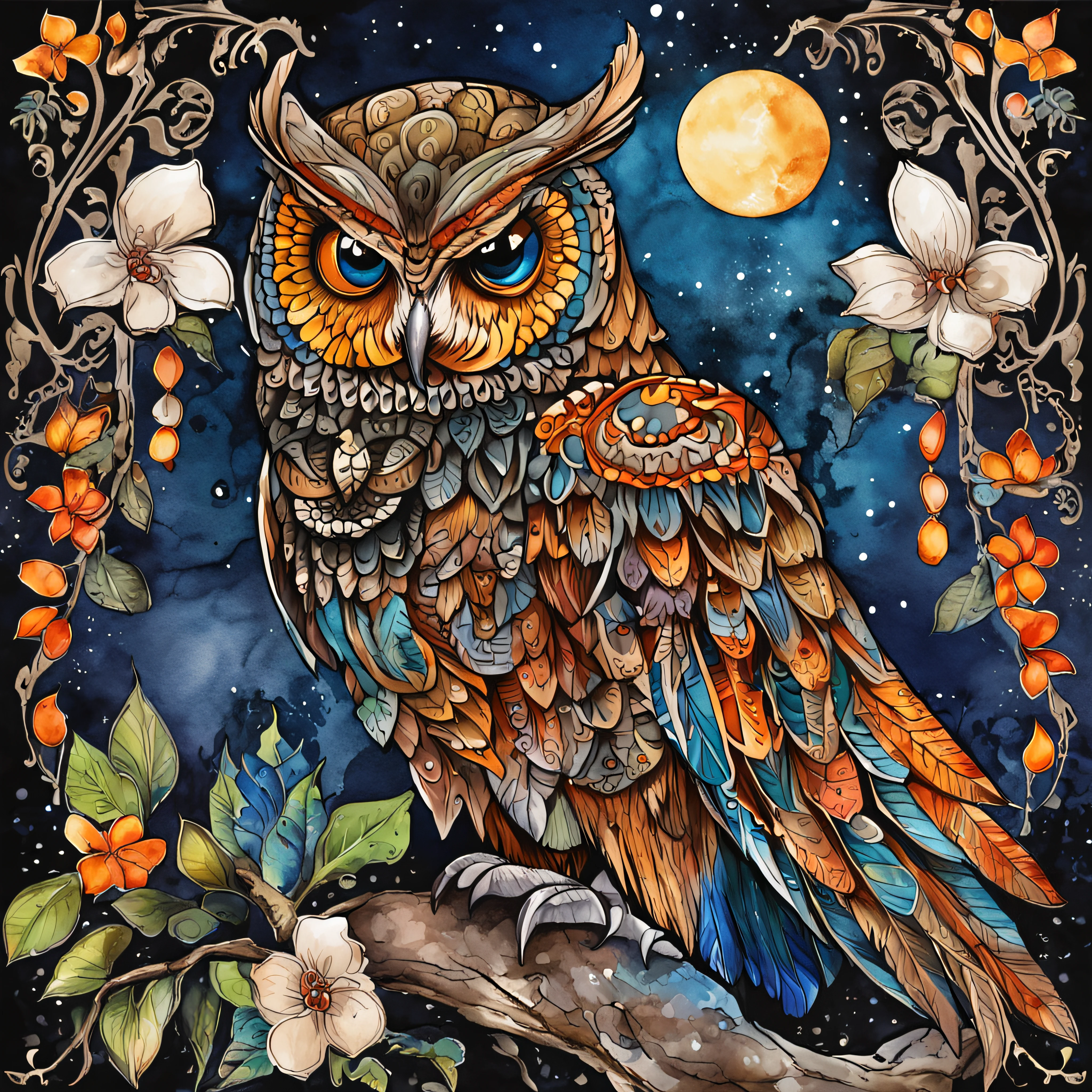 t-shirt design, tattoo, black background, art centered, 2D, vector, vivid color splashes, intricate details, Maori owl character in black oil decal with wet glitter look, full moon night, Midnight, Graveyard, Graves, Dry Trees, Rim Light, Edge Vignette, Greg Rutkowsk