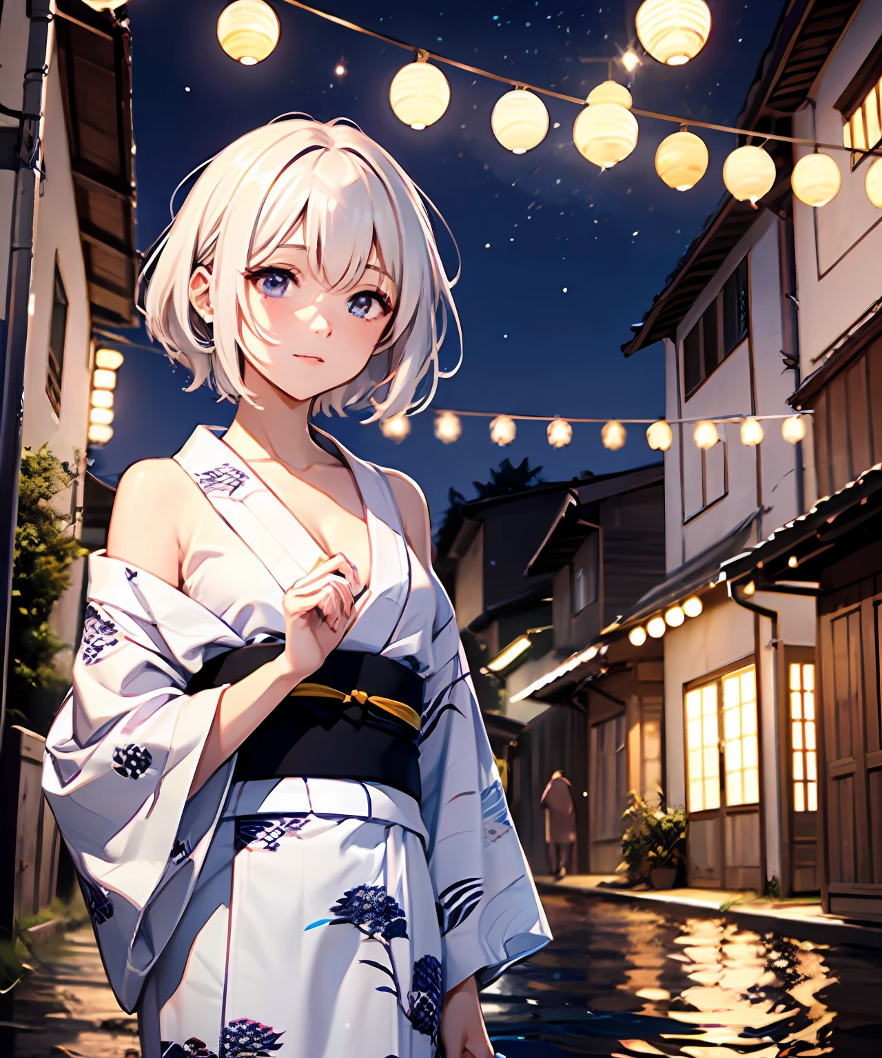 master part, illusion, extremely high quality, Noite, noite nublada, Oborotsuki, ((Pirilampos)), ((Rural area)), (Rural area), River surface, mulher adulta em yukata, nevoeiro vespertino espesso, nevoeiro vespertino fluindo, gelo seco, nevoeiro espesso, confession, lamentar, Sunniness, short shoulder-length white hair, Brilho do cabelo, Depois da chuva, corpo inteiro, Overhead, lanterna da pia, tristeza, separation, MEMORIES, Pensamentos