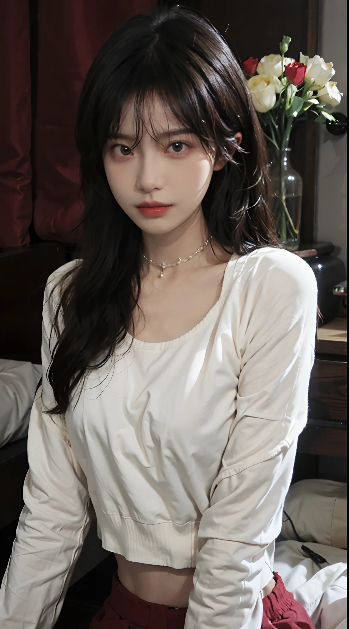 best qualtiy, 超高分辨率, (realisticlying:1.4),Baoyu Girl,1girll, with long coiled hair,Looking into the distance,nedium breasts,Cropped red sweater,a sense of atmosphere,Beautiful woman with a slim figure:1.4, Abs,Ultra-fine face,Elaborate Eyes,二重まぶた,choker necklace