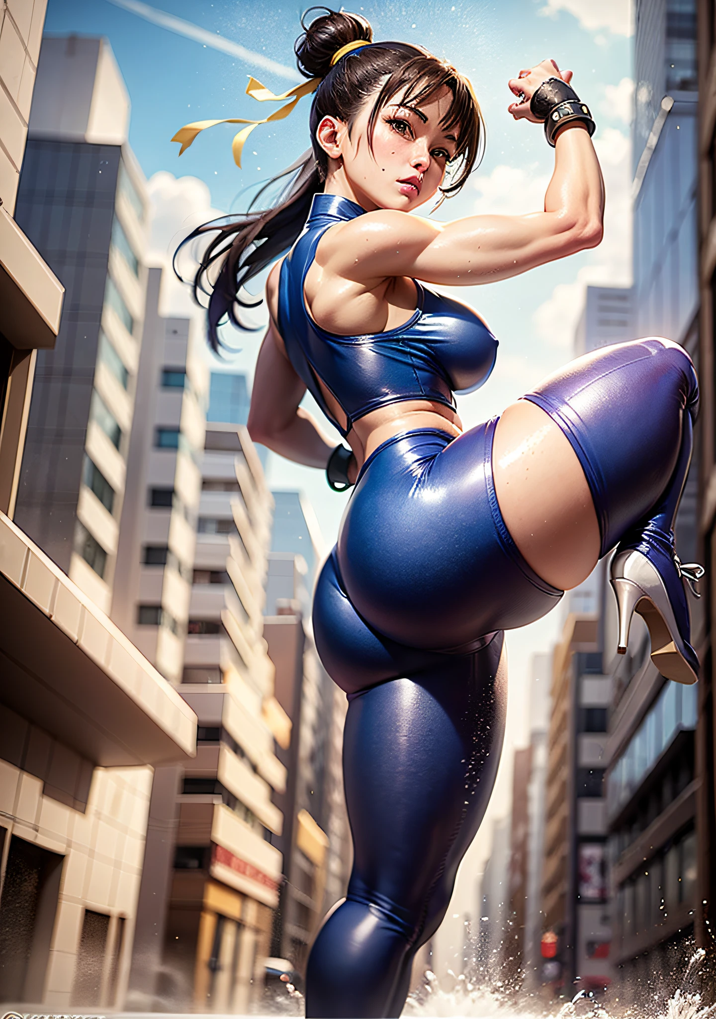 A Street Fighter's Chun-Li Masterpiece, CG, Small Man's Waist, Long Leg Proportions, Longeyelashes, Determined, White High Boots, Best Light and Shadow, Back-Up View, Capcom Style, Ultra HD, 8K, Real Skin, All Body is Water, Chun-Li's Signature Move, Black Tights, Big Watery Eyes, High Nose Bridge, Small Mouth, Big Breasts, Crotch Width, Chun Li's Classic Costume, Mature, 30 Years Old, Full Body, Splash Surrounding, Kicking, On the streets of Shibuya, Tokyo