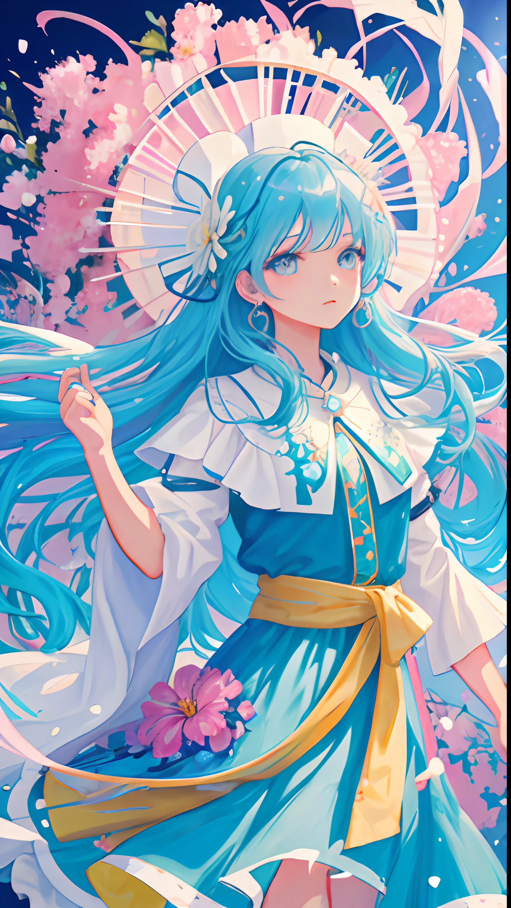 (masterpiece), (best quality), (ultra detailed),(disheed hair),(illustration), (1girl), (Fashionable clothing), standing, Fashion model, looking at viewer, (interview), (simple background), beautiful and delicate eyes, delicate and beautiful face, floating, (high saturation), (colorful splash), colorful bubbles, (shine), focus on the face, Ayaka Kamisato, light blue hair, bangs, hair circles, floating flowers, floating hair. girl, anime waifu, looking at viewer, highly detailed, reflections transparent iridescent colors, long transparent iridescent RGB hair, artby Serafleur from artstation, thick acrylic, illustration on pixiv, Waist up portrait, gorgeous saint, best quality, super detailed, sad, intelligent, pretty face, character style rendered by Octane,
