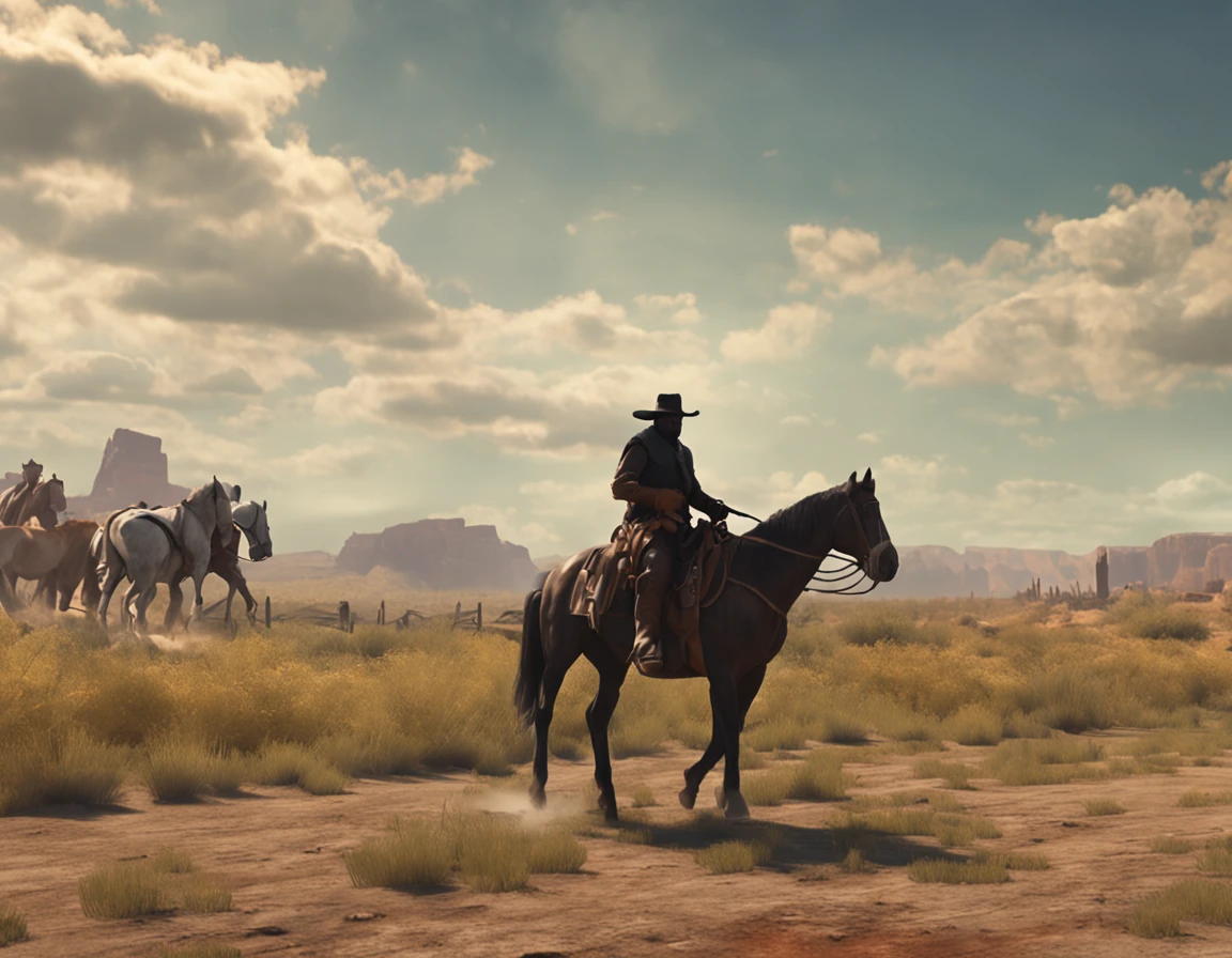 - Old West American - Drawing - A Knight looked at the green fields that stretched to his left, with a melancholy smile. The horses trotted gracefully along the dusty road, raising golden clouds in the midday sun.
- Realistic - Cinematic - 4k -- ar16:9