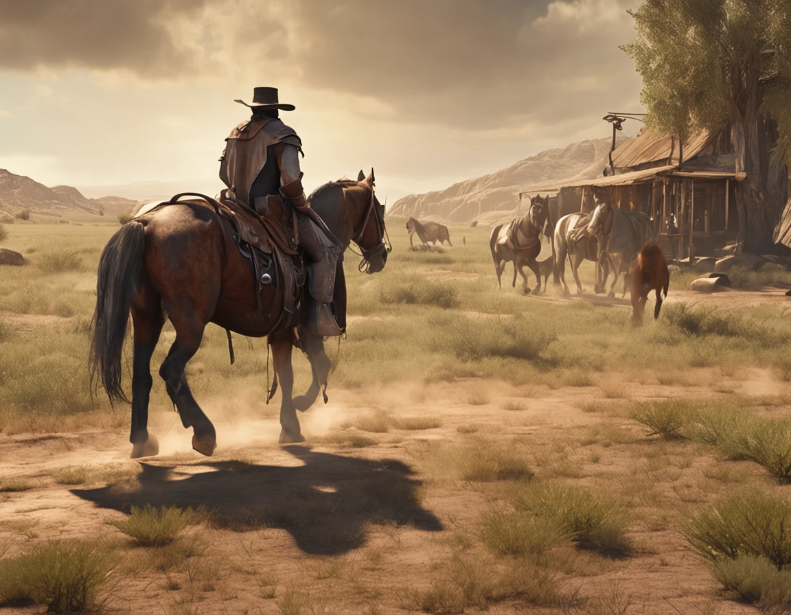 - Old West American - Drawing - A Knight looked at the green fields that stretched to his left, with a melancholy smile. The horses trotted gracefully along the dusty road, raising golden clouds in the midday sun.
- Realistic - Cinematic - 4k -- ar16:9