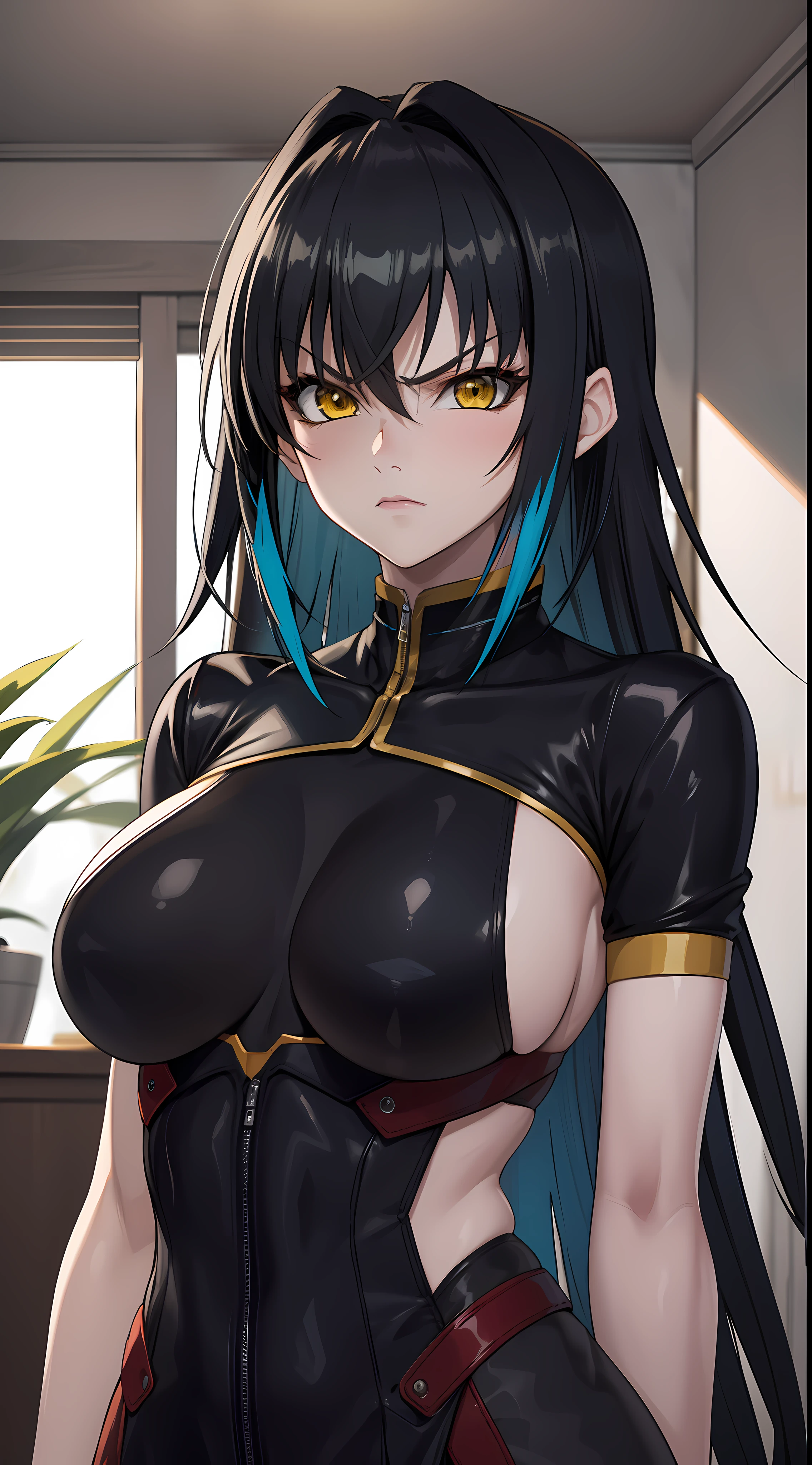 professional artwork, Intricate Details, field of view, sharp focus, detailed painting, photorealistic lighting, trending on pixiv,(masterpiece:1.0),(best_quality:1.0), ultra high res, ultra-detailed, photography, 8K, HDR, highres, absurdres:1.2, Kodak portra 400, film grain, sharp focus, bokeh:1.2, lens flare, (vibrant_color:1.2), (((indoors, dark night district))), Annerose, 1girl, female mature, black hair, long hair, (yellow eyes), large breasts, fully dressed, higheels, soft skin, hair intakes, (solo:1.4), (upper body, half body shot, covered breasts, side boobs), angry and shy, angry and shy face